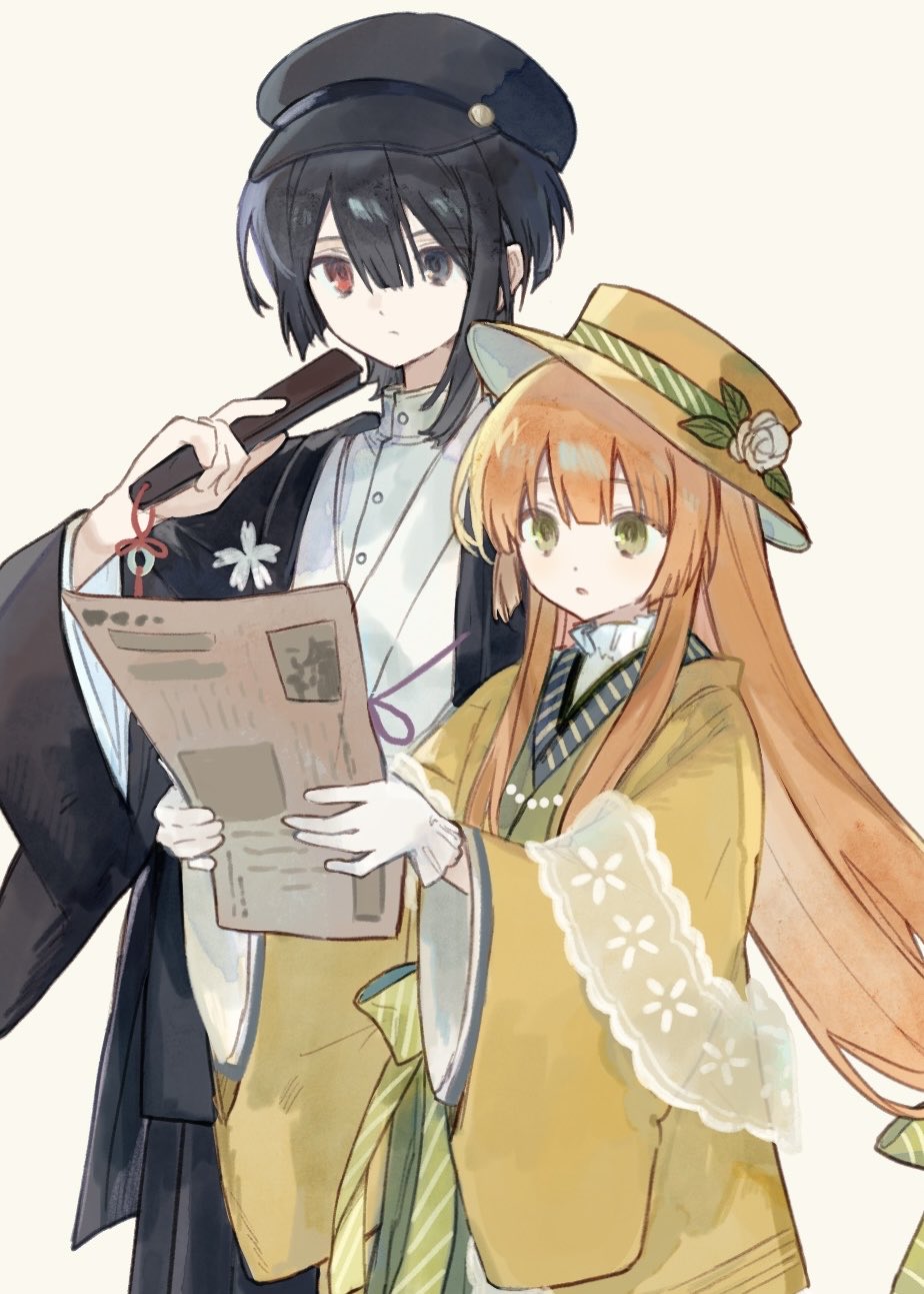makotoinu, original, commentary, highres, 1boy, 1girl, black eyes, black hair, black hakama, black haori, black hat, blue trim, buttons, closed mouth, diagonal-striped ribbon, expressionless, flower, folded fan, folding fan, frilled gloves, frills, gloves, green eyes, green kimono, green ribbon, grey background, hair between eyes, hakama, hand fan, haori, hat, hat flower, hat ribbon, height difference, holding, holding fan, holding newspaper, japanese clothes, kimono, long hair, long sleeves, newspaper, open mouth, orange hair, red eyes, ribbon, rose, shirt, shirt under kimono, short hair, sidelocks, simple background, very long hair, white flower, white kimono, white rose, white shirt, wide sleeves, yellow haori