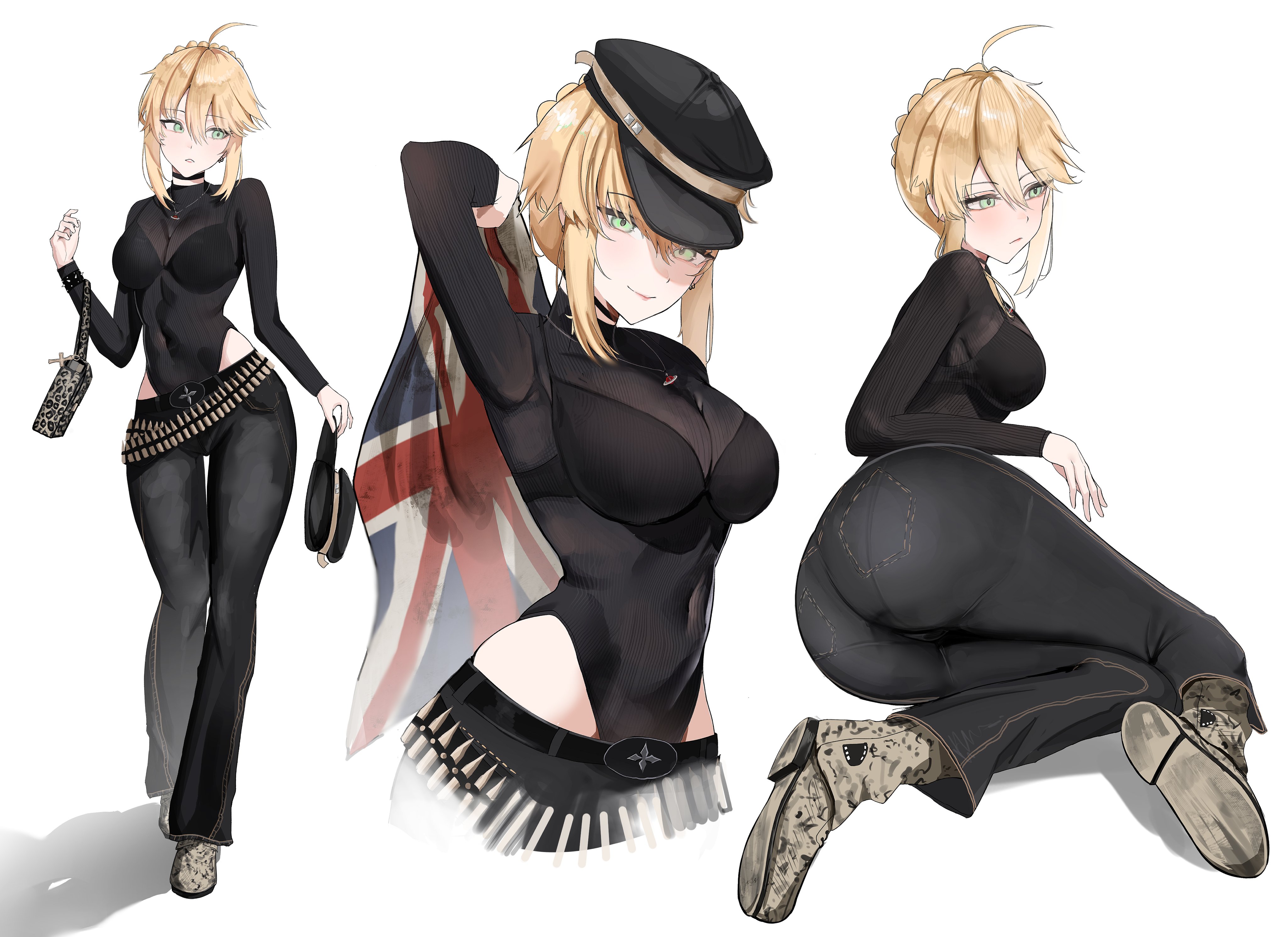 salsa dance, artoria pendragon (fate), artoria pendragon (lancer) (fate), fate/grand order, fate (series), absurdres, highres, 1girl, ahoge, bag, belt, belt buckle, blonde hair, breasts, buckle, bullet, choker, covered navel, green eyes, hair between eyes, hat, holding, holding bag, jewelry, leotard, long sleeves, looking at viewer, medium breasts, multiple views, necklace, simple background, union jack, white background