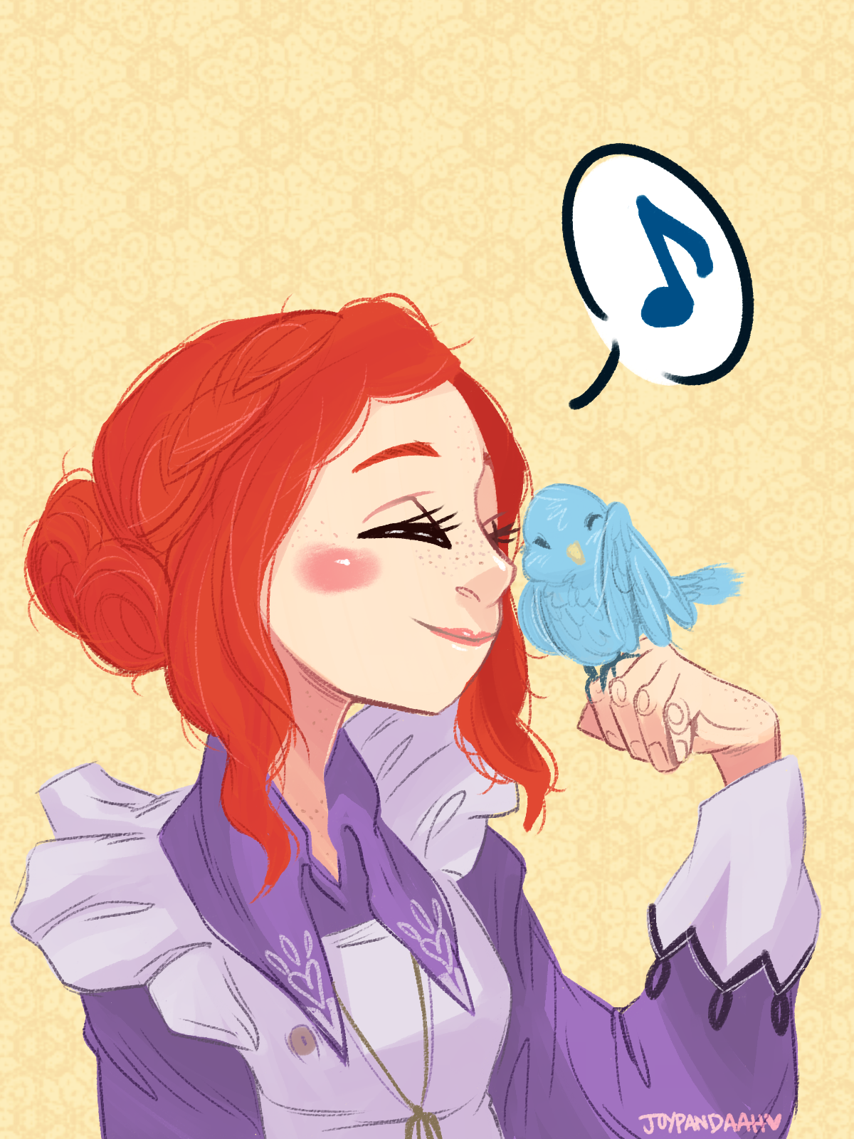 joypandaah, luna (kyokugen dasshutsu), kyokugen dasshutsu, kyokugen dasshutsu adv: zennin shibou desu, commentary, english commentary, highres, 1girl, artist name, bird, bird on hand, blouse, bluebird, blush, closed eyes, closed mouth, eyelashes, freckles, hair bun, jewelry, lips, long sleeves, musical note, necklace, orange hair, purple shirt, shirt, sidelocks, smile, solo, speech bubble, spoken musical note, veil, white veil