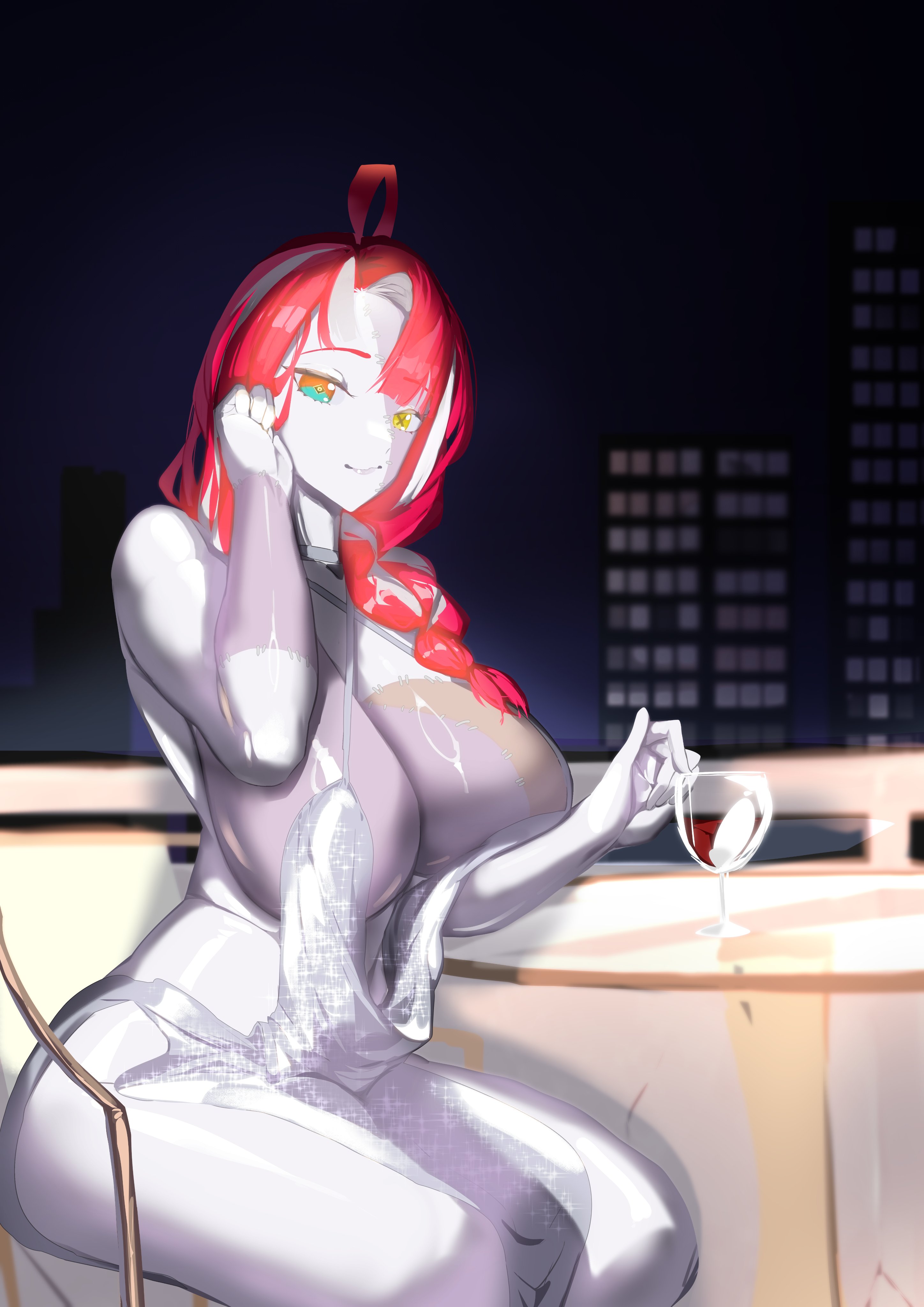 daaku (koizumi arata), sallie (kureiji ollie), hololive, hololive indonesia, absurdres, commentary, english commentary, highres, 1girl, ahoge, alternate form, arm up, asymmetrical bangs, bare arms, bare back, bare shoulders, blunt bangs, braid, breasts, building, cleavage, closed mouth, colored skin, criss-cross halter, cup, dress, drink, drinking glass, evening gown, from side, glitter dress, green eyes, grey hair, grey skin, hair over shoulder, halterneck, hand up, huge breasts, long hair, looking at viewer, mismatched pupils, multicolored eyes, multicolored hair, multicolored skin, night, patchwork skin, pov, red eyes, red hair, scoop neck, sideboob, sideless dress, silver dress, sitting, sky, smile, solo, spaghetti strap, stitched arm, stitched face, stitched torso, stitches, symbol-shaped pupils, table, thighs, two-tone eyes, two-tone skin, virtual youtuber, wine glass, x-shaped pupils, yellow eyes, zombie