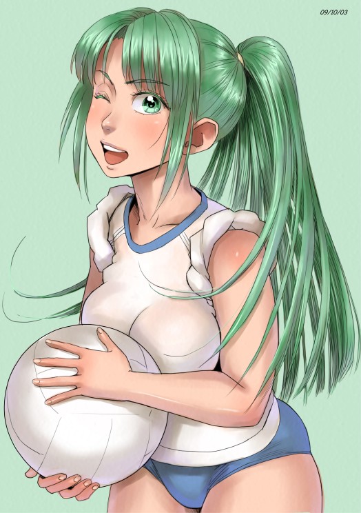zenkou, sonozaki mion, higurashi no naku koro ni, 00s, 1girl, ball, blush, breast press, breasts, buruma, female focus, green eyes, green hair, gym uniform, long hair, matching hair/eyes, medium breasts, one eye closed, open mouth, ponytail, solo, wink