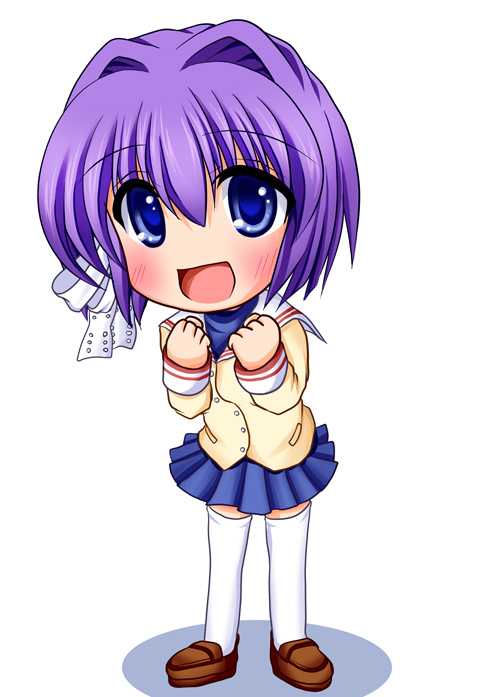 cross (artist), cross (crossryou), fujibayashi ryou, clannad, 00s, 1girl, blue eyes, blush, chibi, female focus, no nose, purple hair, school uniform, short hair, solo, thighhighs