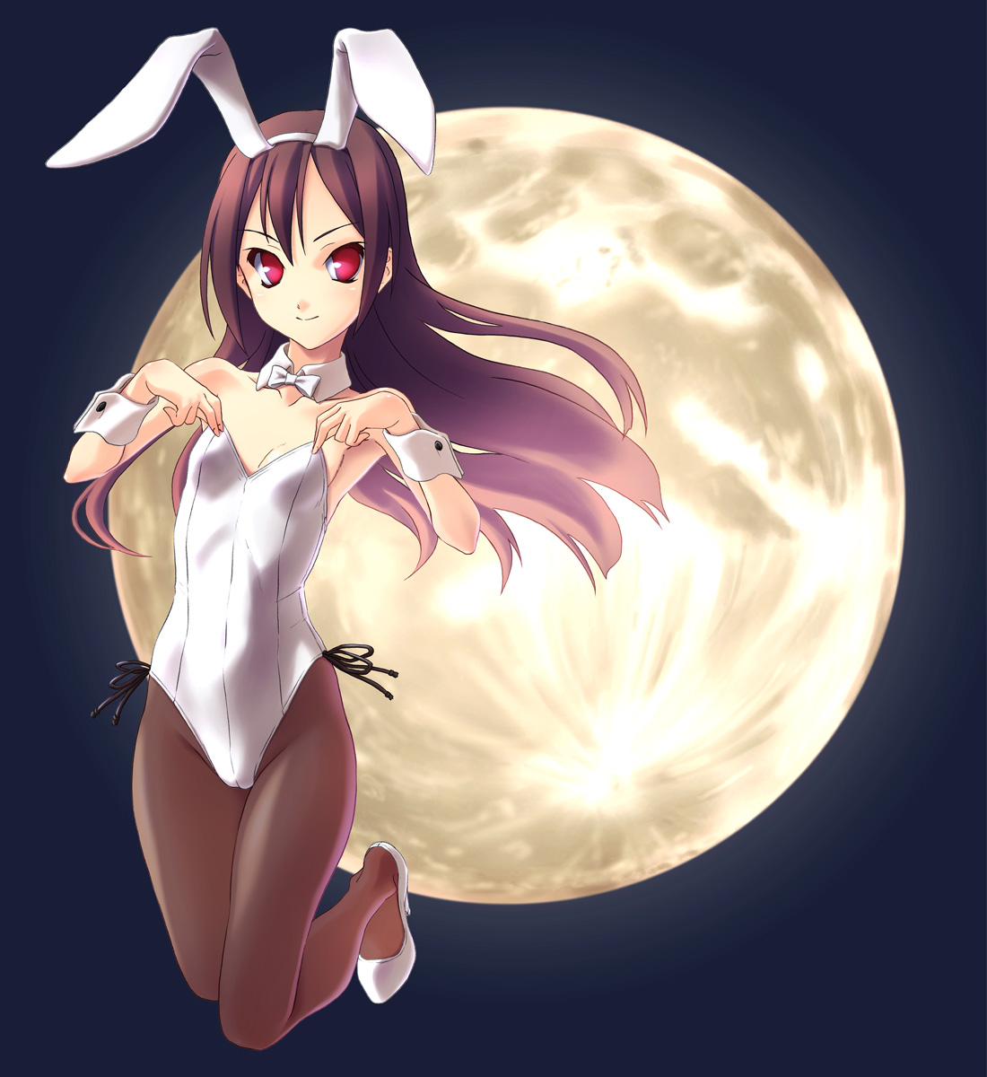 norizou type-r, original, highres, 1girl, animal ears, armpits, brown hair, fake animal ears, female focus, flat chest, full moon, long hair, moon, pantyhose, playboy bunny, rabbit ears, red eyes, solo