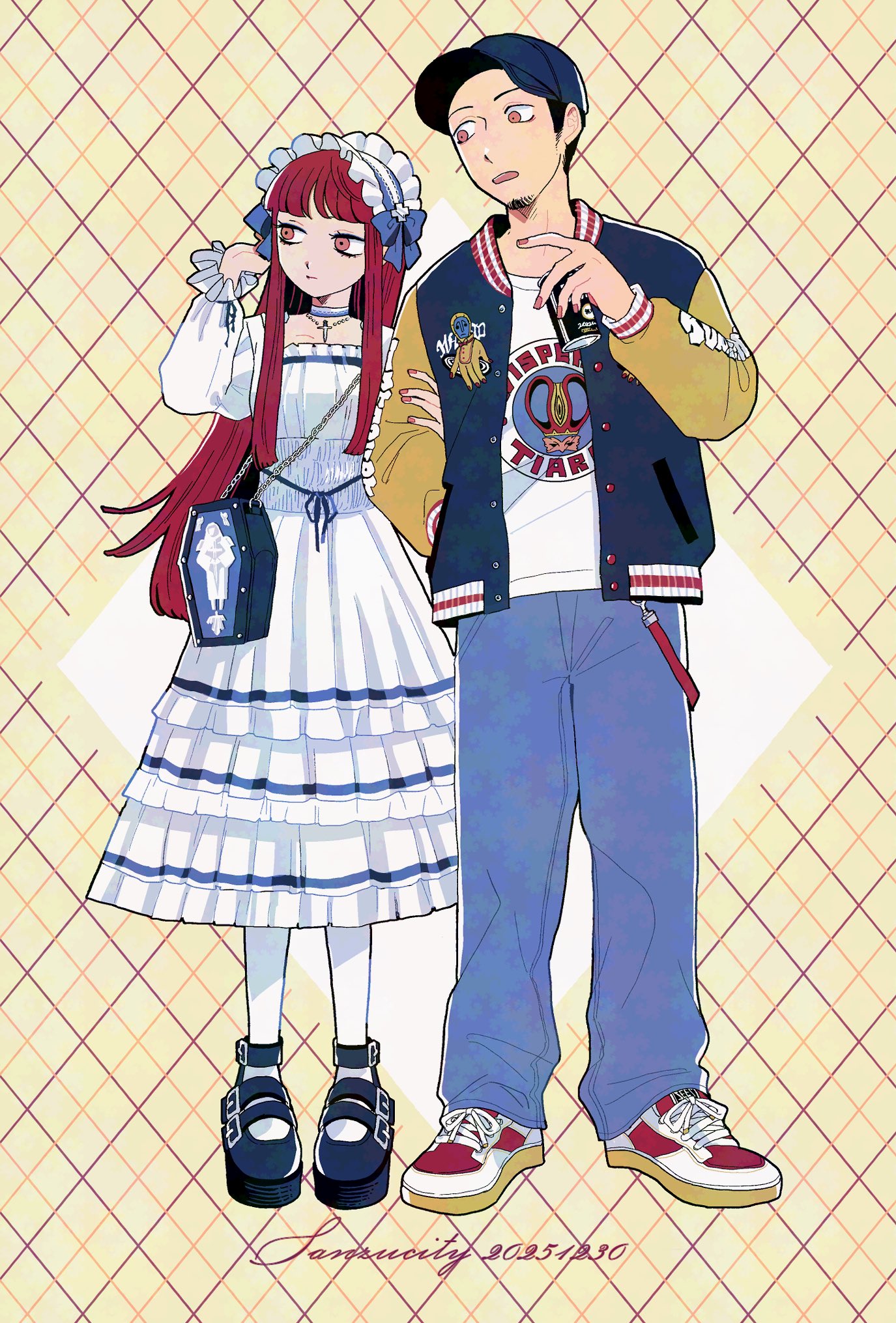 city sanzu, iori junpei, yoshino chidori, persona, persona 3, commentary, highres, symbol-only commentary, 1boy, 1girl, alternate costume, argyle background, arm up, baseball cap, black shoes, blue bow, blue pants, blunt bangs, bow, can, choker, crossbody bag, dress, facial hair, full body, goatee stubble, grabbing another's arm, hand in pocket, hat, holding, holding can, jacket, letterman jacket, lolita fashion, long hair, long sleeves, looking to the side, open clothes, open jacket, pants, print shirt, red eyes, red hair, shirt, shoes, short hair, sneakers, stubble, white choker, white dress, white headdress