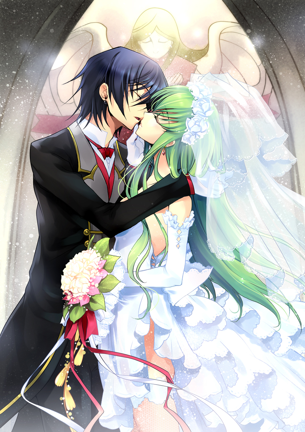 creayus, c.c., lelouch vi britannia, code geass, highres, 00s, 1boy, 1girl, bouquet, bridal veil, bride, church, closed eyes, couple, dress, earrings, elbow gloves, flower, frilled thighhighs, frills, gloves, good end, groom, hetero, imminent kiss, jewelry, kiss, thighhighs, veil, wedding, wedding dress
