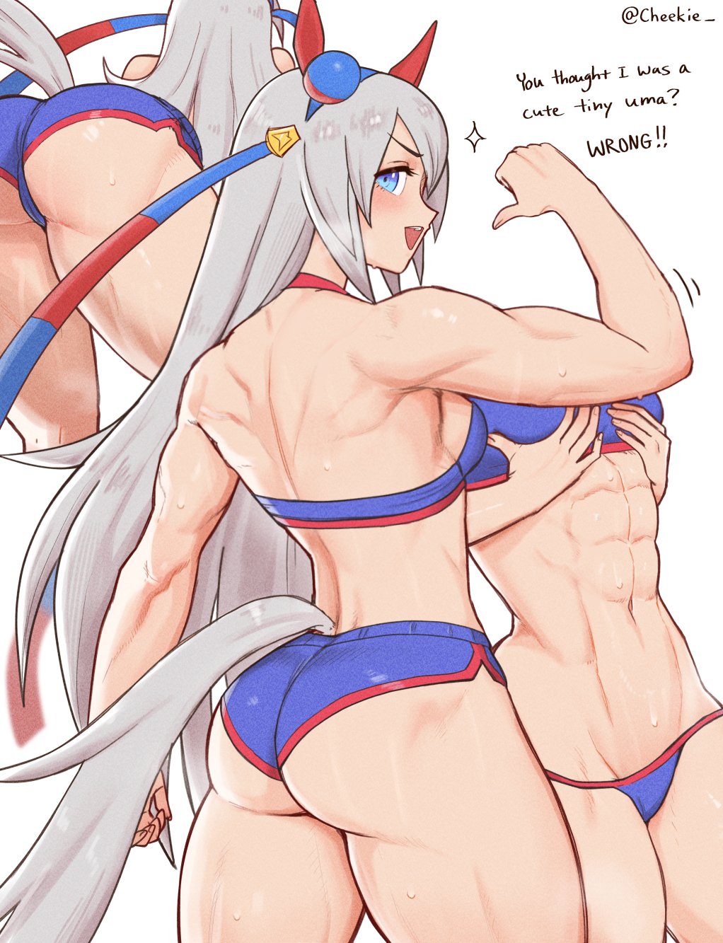 cheekie, tamamo cross (umamusume), umamusume, commentary, english commentary, highres, !, !!, 1girl, ?, abs, animal ears, artist name, ass, back, blue eyes, breasts, english text, grey hair, horse ears, horse girl, horse tail, long hair, looking at viewer, medium breasts, multiple views, muscular, muscular female, navel, open mouth, simple background, sweat, tail, teeth, twitter username, white background