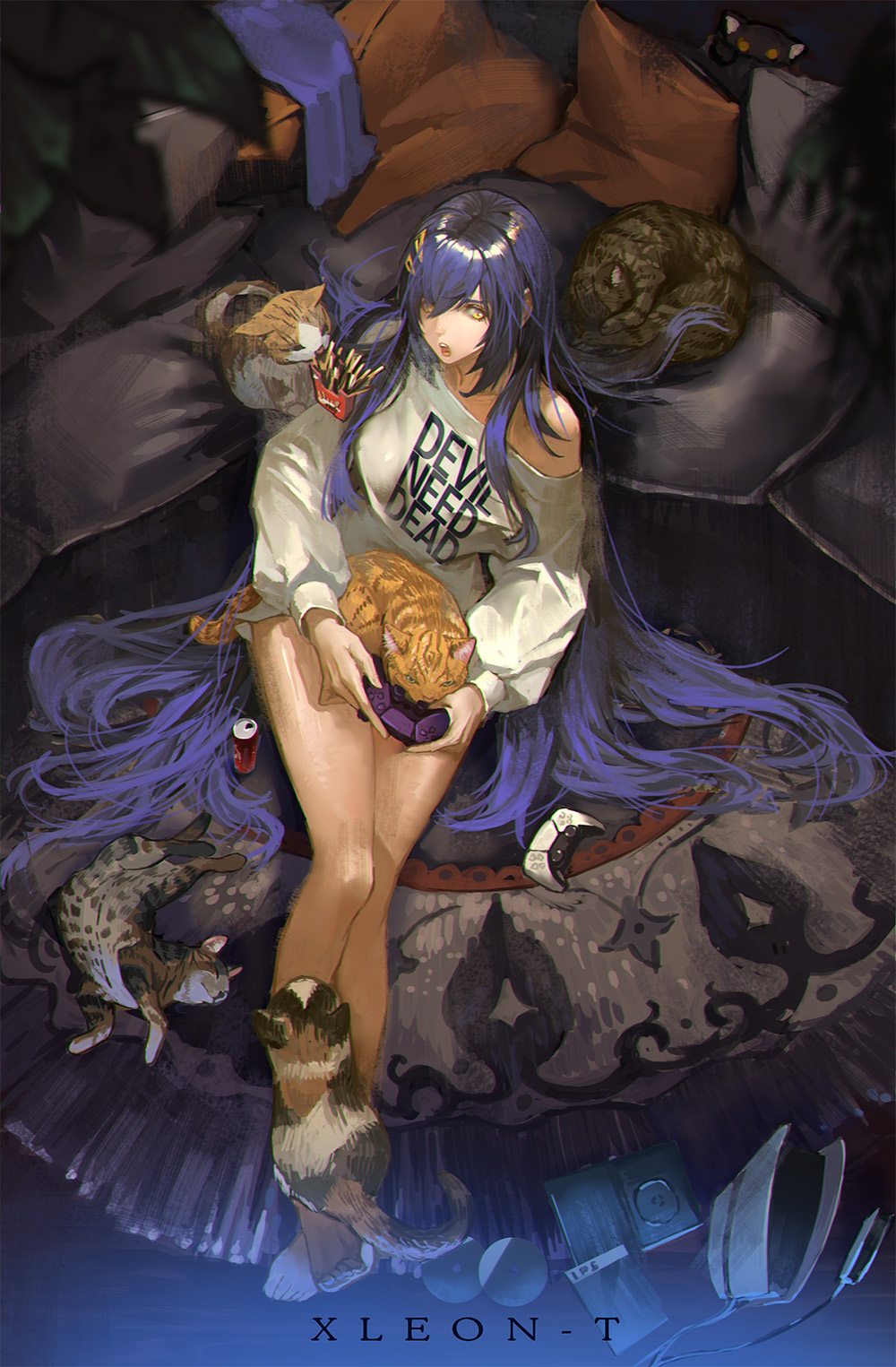 xleontan, original, commentary, english commentary, highres, 1girl, animal, animal on lap, barefoot, cat, cat on lap, clothes writing, controller, food, french fries, full body, game controller, holding, holding controller, holding game controller, long hair, long sleeves, no pants, on lap, purple hair, shirt, single off shoulder, sitting, solo, very long hair, white shirt