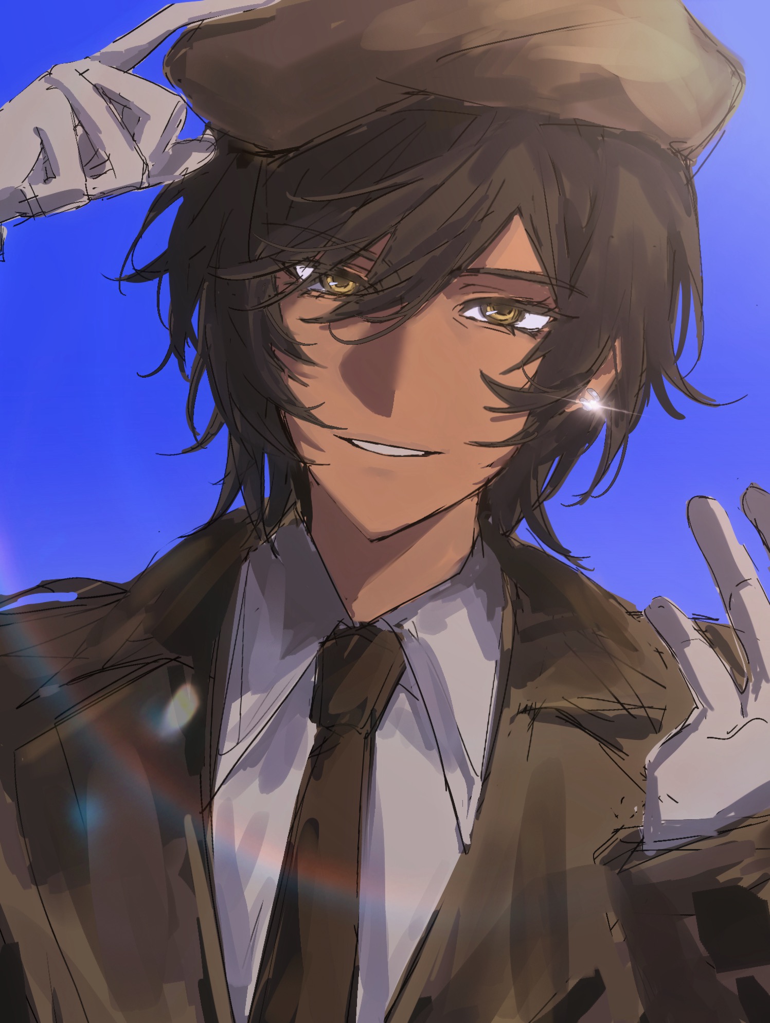 outis (project moon), limbus company, project moon, highres, 1girl, adjusting clothes, adjusting headwear, aysen, beret, blue background, brown coat, brown hair, brown necktie, coat, collared shirt, earrings, glint, gloves, hair between eyes, hand on headwear, hat, jewelry, lapels, lens flare, long sleeves, looking at viewer, necktie, notched lapels, official alternate costume, parted lips, portrait, reverse trap, shirt, short hair, sidelighting, smile, solo, teeth, white gloves, white shirt, yellow eyes