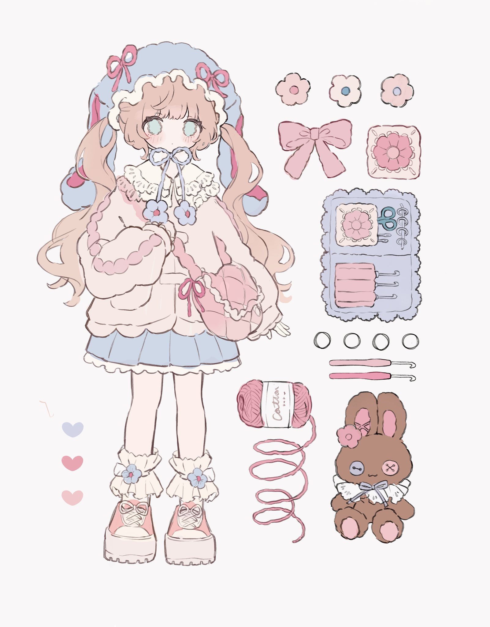 zane290, original, commentary request, highres, 1girl, animal hat, aqua eyes, blue hat, blue ribbon, blue skirt, blush, brown hair, closed mouth, expressionless, flower, full body, hat, hat ribbon, heart, jacket, long sleeves, miniskirt, no nose, pink bag, pink flower, pink jacket, pink ribbon, pink shoes, pleated skirt, rabbit hat, ribbon, shoes, simple background, skirt, sneakers, socks, solo, stuffed animal, stuffed rabbit, stuffed toy, tareme, twintails, white background, white socks, yarn