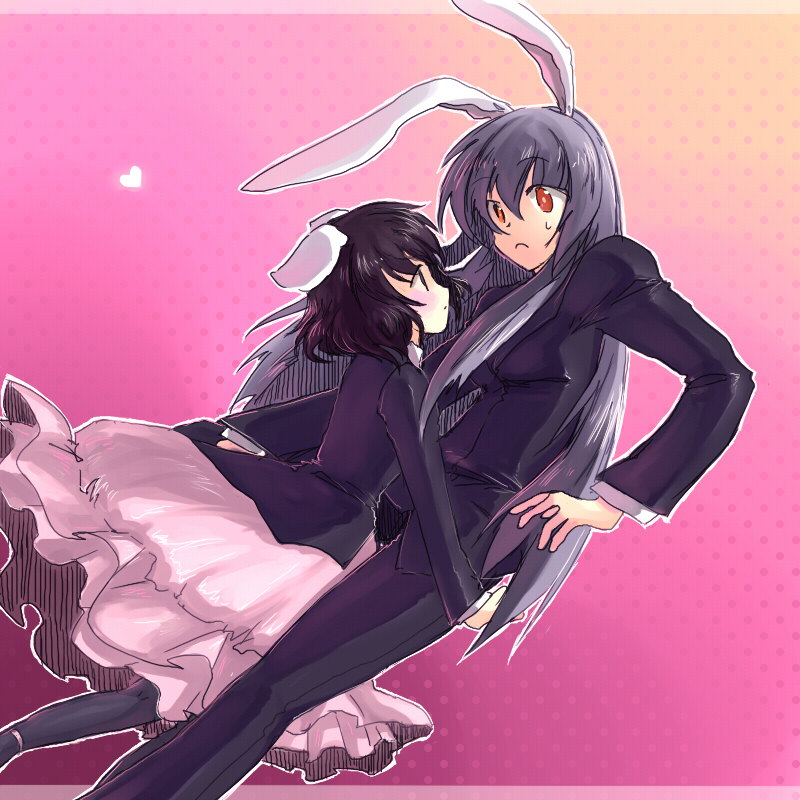 onimaru gonpei, inaba tewi, reisen udongein inaba, touhou, 2girls, animal ears, black hair, blazer, female focus, formal clothes, jacket, long hair, multiple girls, pant suit, pants, purple hair, rabbit ears, red eyes, short hair, suit