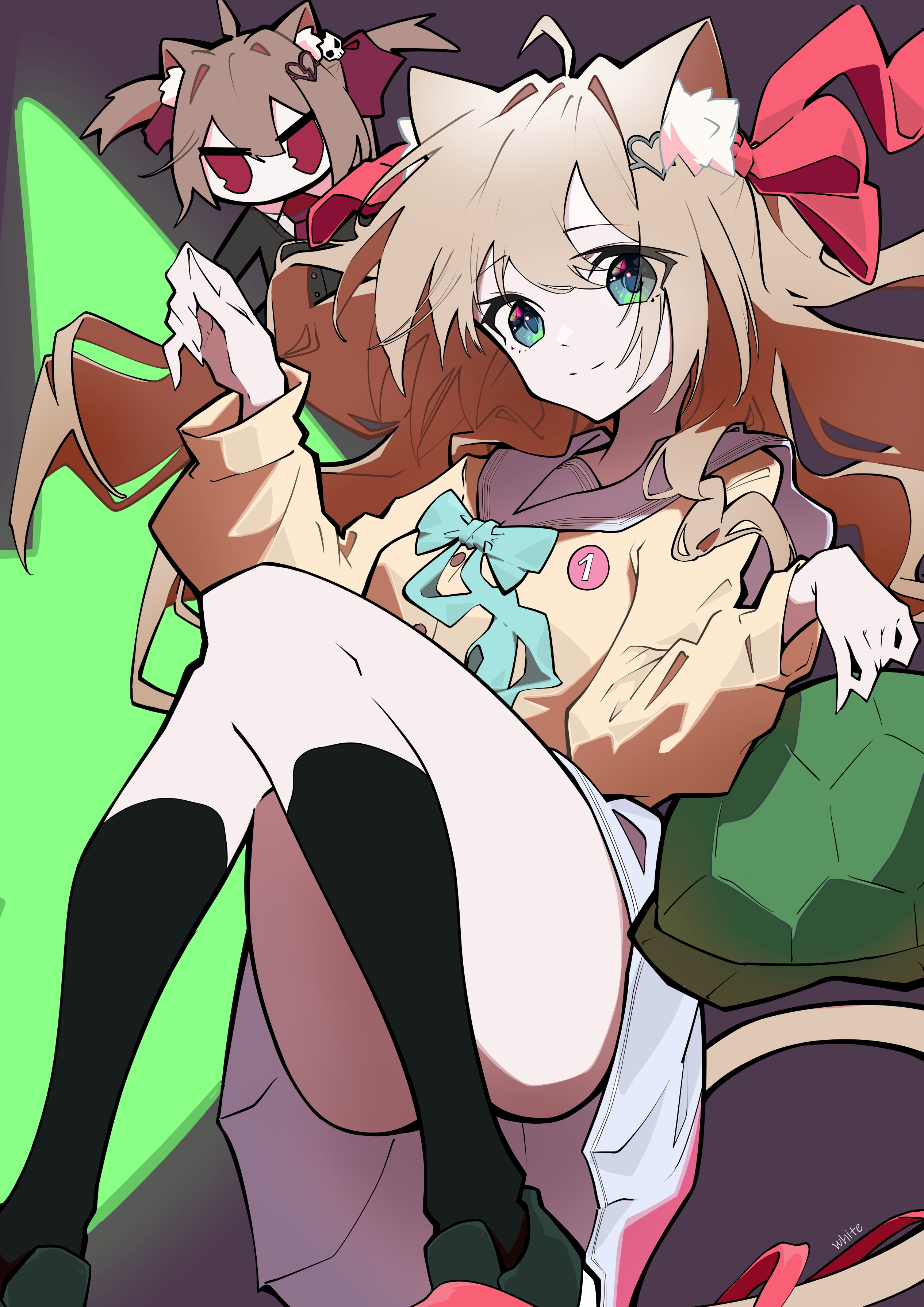 white45838787, evil neuro-sama, neuro-sama, absurdres, highres, 2girls, ahoge, animal ears, aqua bow, aqua bowtie, black cardigan, black socks, blue eyes, blue sailor collar, blue skirt, bow, bowtie, broken heart, broken heart hair ornament, brown hair, cardigan, cat ears, cat girl, cat tail, chibi, closed mouth, feet out of frame, hair between eyes, hair ornament, hair ribbon, heart, heart hair ornament, long hair, long sleeves, looking at viewer, miniskirt, multiple girls, red eyes, red ribbon, ribbon, sailor collar, siblings, sisters, skirt, smile, socks, tail, twins, two side up, vedal ai, virtual youtuber, yellow cardigan