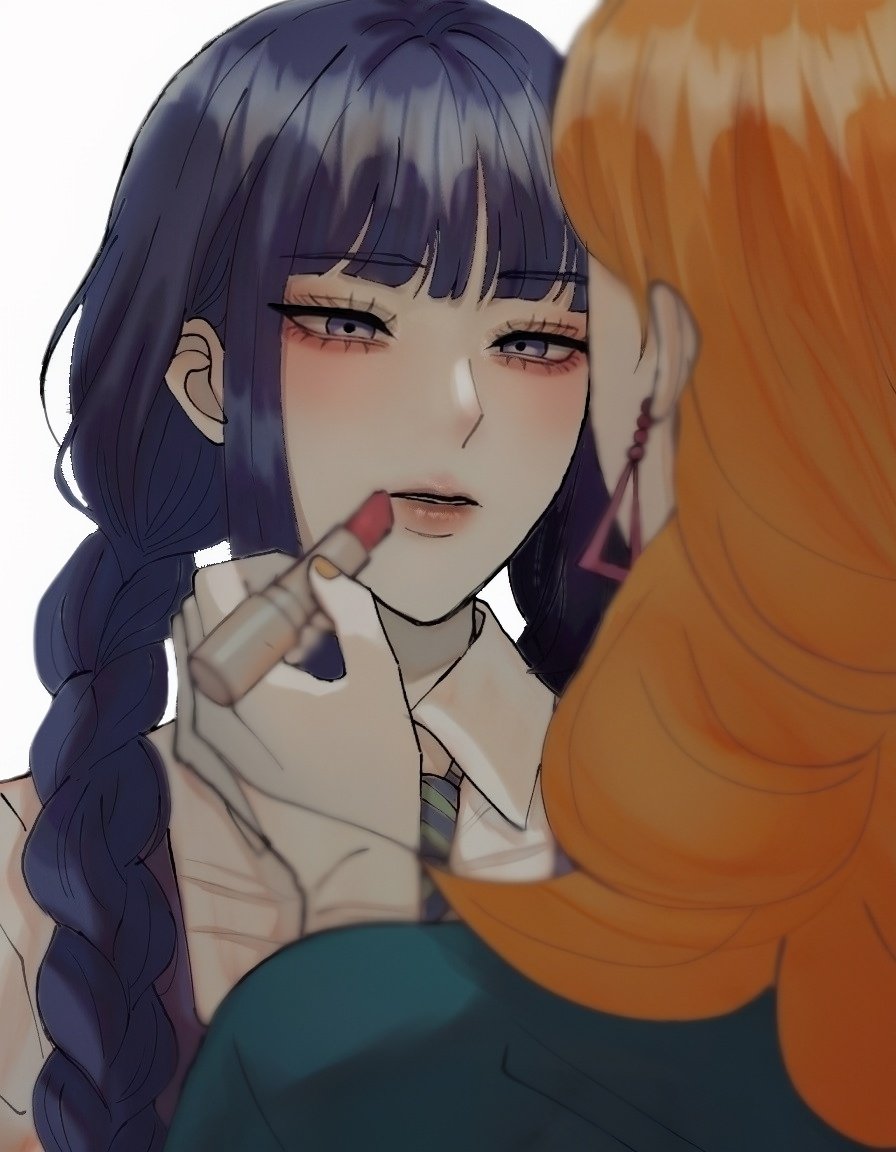 delta (boruto), kakei sumire, boruto: two blue vortex, naruto (series), 2girls, applying another's makeup, applying lipstick, applying makeup, blue eyes, blue hair, braid, cosmetics, diagonal-striped clothes, diagonal-striped necktie, earrings, eyelashes, gloves, half gloves, holding, holding lipstick tube, ifevilwhyuhot, jewelry, lipstick tube, low twin braids, makeup, multiple girls, necktie, orange hair, orange nails, parted lips, pink lips, striped clothes, triangle earrings, twin braids