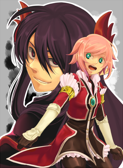 shirou (vista), estellise sidos heurassein, yuri lowell, tales of (series), tales of vesperia, bad id, bad pixiv id, 00s, 1boy, 1girl, alternate costume, black hair, gloves, grey background, grin, horns, long hair, official alternate costume, pink hair, purple eyes, short hair, smile