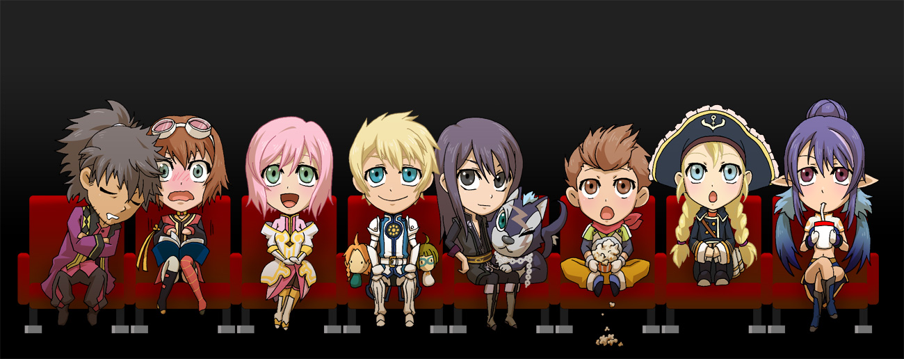 tomo (dg chipmunk), estellise sidos heurassein, flynn scifo, judith (tales), karol capel, patty fleur, raven (tales), repede (tales), rita mordio, sodia (tales), witcher (tales), yuri lowell, tales of (series), tales of vesperia, blue footwear, bad id, bad pixiv id, 00s, 4boys, 4girls, armor, black eyes, black hair, blonde hair, blue eyes, blue hair, blush, book, boots, braid, brown eyes, brown hair, chain, character doll, chibi, crossed arms, dog, doll, drink, food, gloves, goggles, green eyes, hat, knee boots, long hair, movie theater, multiple boys, multiple girls, one eye closed, pink hair, pointy ears, ponytail, popcorn, purple eyes, scarf, short hair, sleeping, smile, surcoat, theater, twin braids, wink