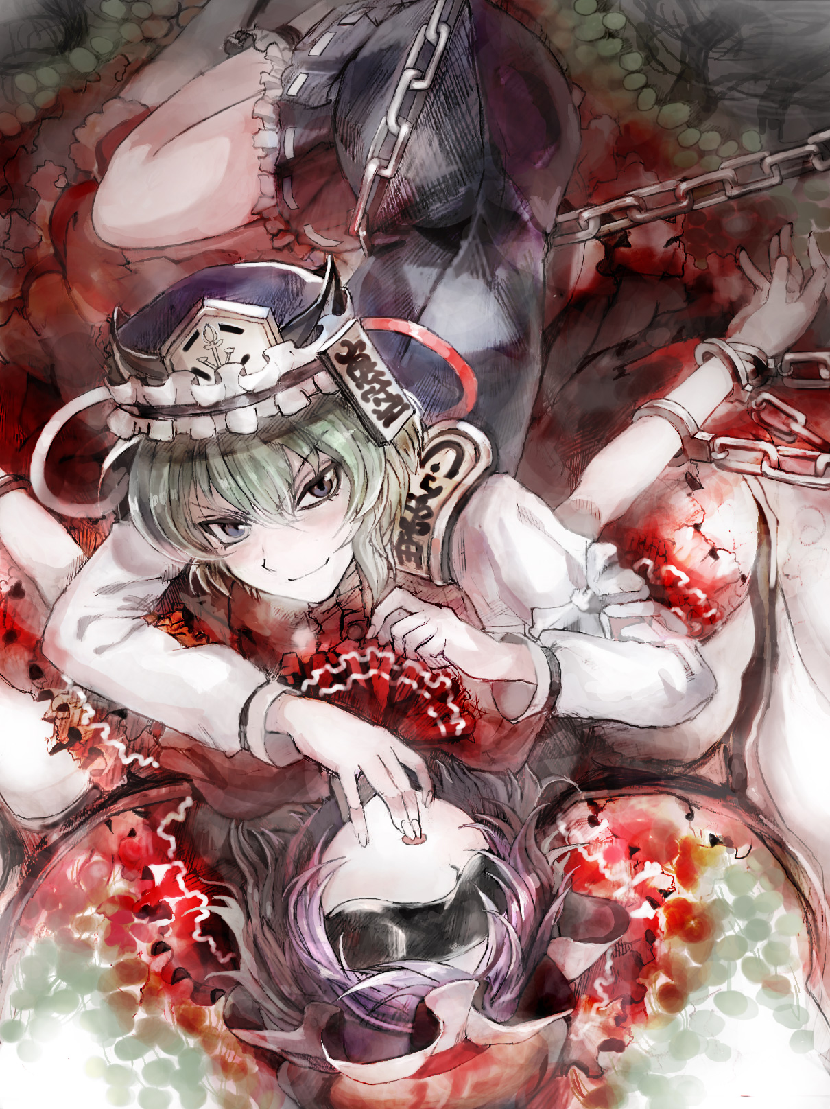 asuka shirou, remilia scarlet, shiki eiki, touhou, highres, 2girls, bat wings, bdsm, blindfold, blue eyes, chain, closed mouth, cuffs, eyelashes, female focus, fingers to mouth, green hair, hat, lying, multiple girls, open mouth, purple hair, short hair, smile, wings