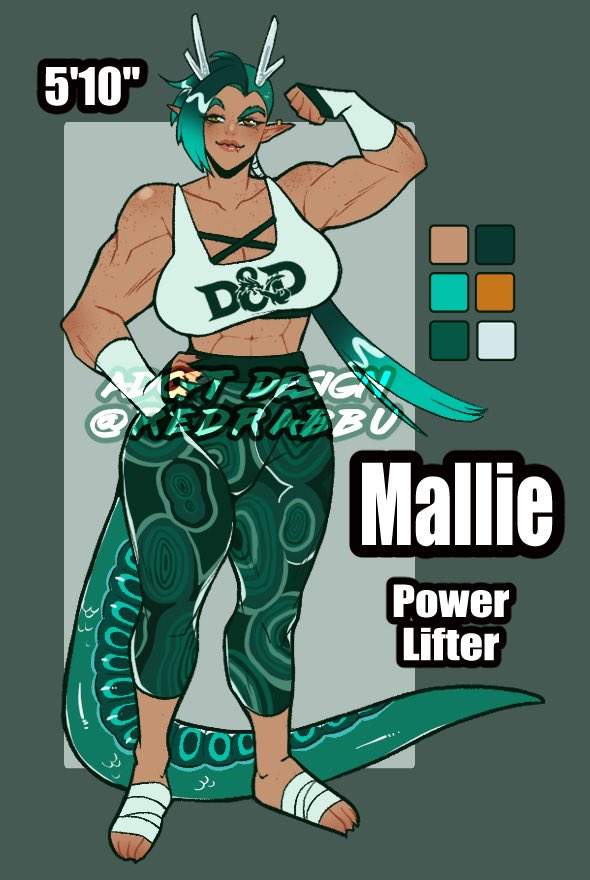 redrabbu, mallie (lone magi), original, commentary, english commentary, 1girl, abs, aqua hair, aqua pants, aqua tail, asymmetrical hair, bandaged foot, bandages, bare shoulders, body freckles, breasts, brown eyes, character name, cleavage, color guide, dark-skinned female, dark skin, dragon girl, dragon horns, dragon tail, flexing, freckles, full body, hand up, height, horns, large breasts, long hair, midriff, muscular, muscular female, pants, pointy ears, ponytail, shoulder freckles, solo, sports bra, standing, tail, thick eyebrows, twitter username, undercut, watermark, white horns, white sports bra