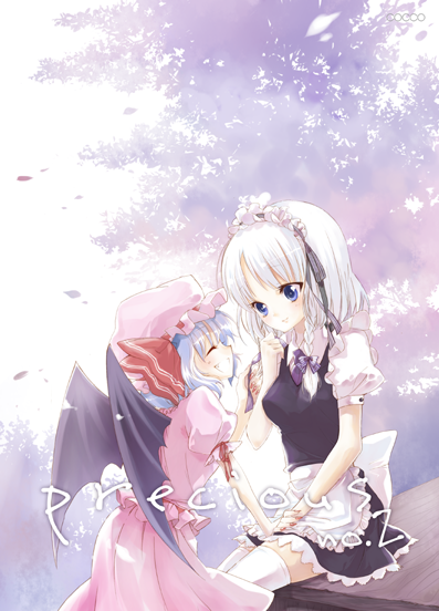 cocco-saco, izayoi sakuya, remilia scarlet, touhou, silver hair, 2girls, bat wings, blue eyes, blue hair, braid, dress, female focus, hat, maid, multiple girls, nature, outdoors, plant, short hair, skirt, twin braids, wings