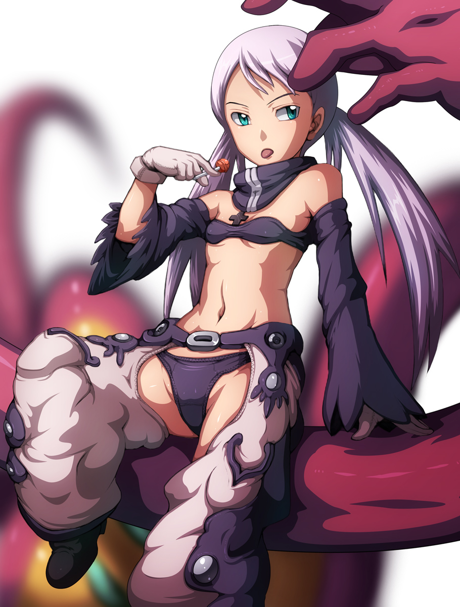 tabigarasu, cynthia lane, dominator, overman king gainer, highres, 00s, 1girl, candy, detached sleeves, female focus, flat chest, food, lollipop, pink hair, purple hair, solo, twintails