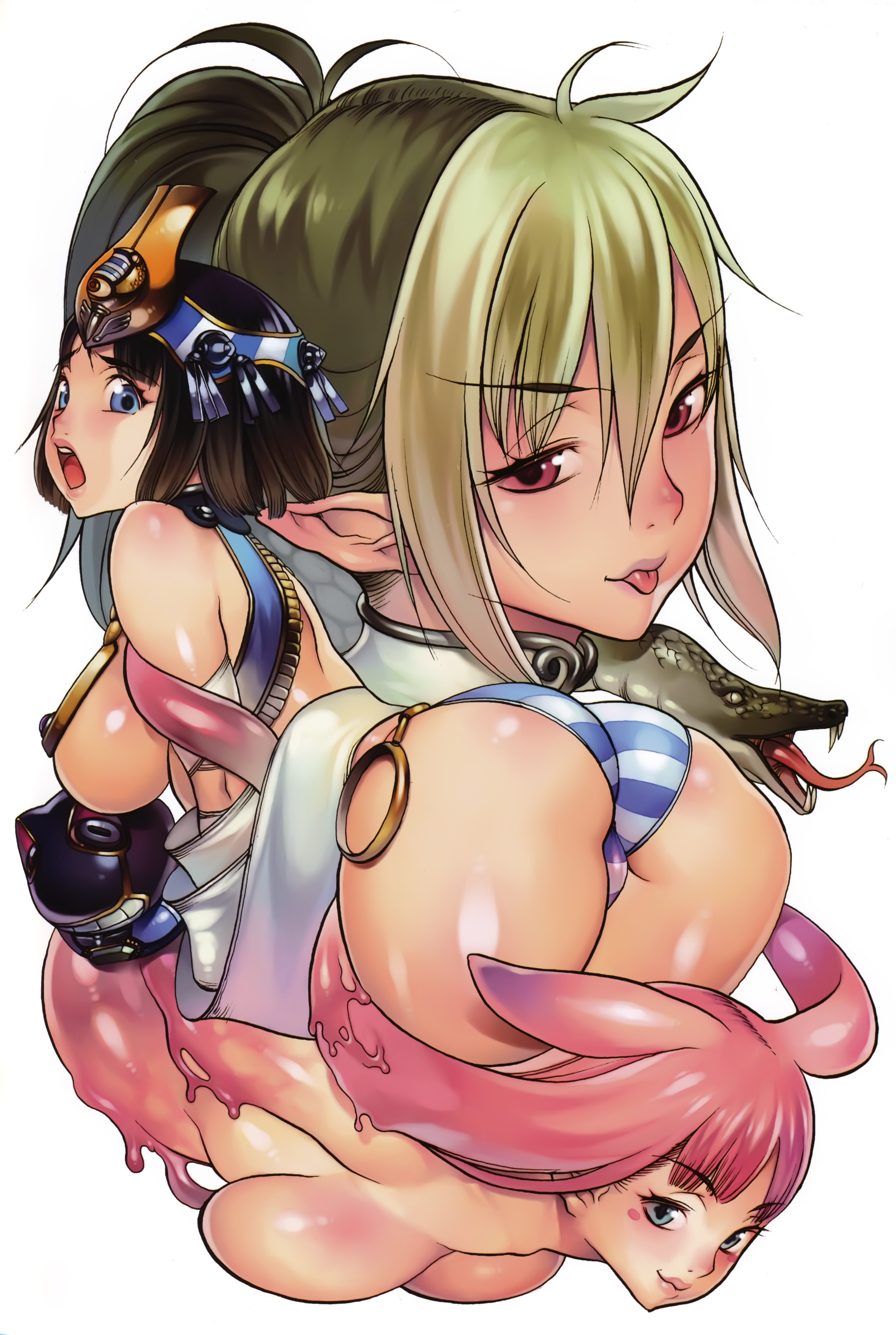 f.s., ancient princess menace, echidna (queen's blade), melona (queen's blade), menace (queen's blade), protean assassin melona, setra, veteran mercenary echidna, queen's blade, absurdres, highres, official art, + +, 00s, 3girls, :p, ancient egyptian clothes, ass, black hair, blue eyes, blush stickers, breasts, colored bangs, crown, curvy, grey hair, huge ass, large breasts, lips, long hair, looking at viewer, looking back, monster girl, multicolored hair, multiple girls, open mouth, panties, pink hair, pointy ears, revealing clothes, shiny skin, short hair, sideboob, simple background, slime girl, snake, striped clothes, striped panties, surprised, thong, tongue, tongue out, two-tone hair, underboob, underwear, white background, wide hips