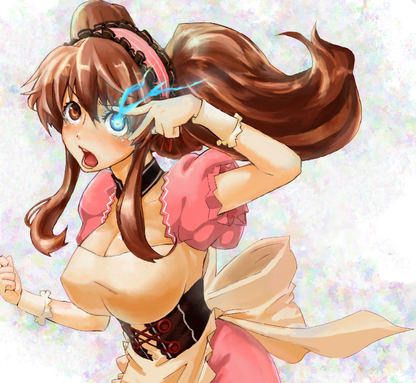 under-siege, asahina mikuru, black rock shooter, suzumiya haruhi no yuuutsu, 1girl, breasts, brown eyes, brown hair, choker, cleavage, corset, female focus, glowing, glowing eye, glowing eyes, huge breasts, mikuru beam, official alternate hairstyle, open mouth, parody, solo, twintails, v, waitress