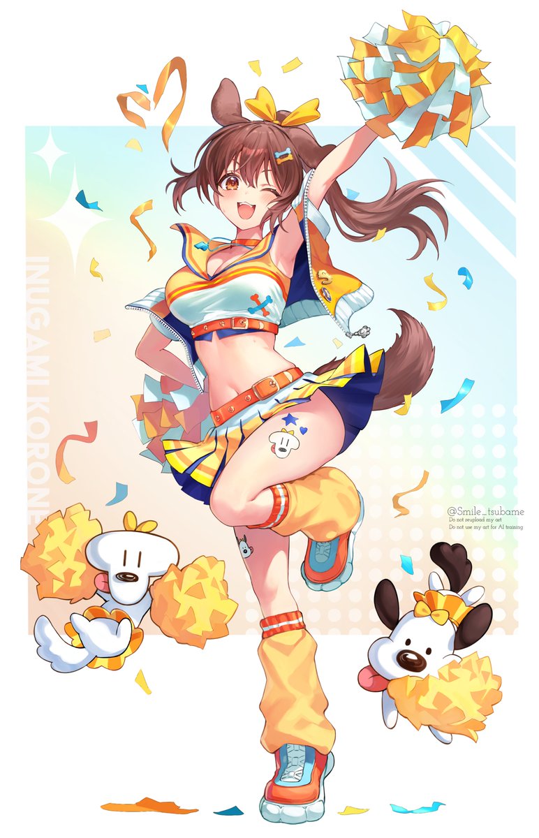 tsubameno, inugami korone, hololive, commentary request, highres, 1girl, alternate costume, animal ears, arm up, armpits, breasts, brown eyes, brown hair, cheerleader, cleavage, dog ears, dog girl, dog tail, holding, holding pom poms, jacket, leg warmers, long hair, looking at viewer, medium breasts, one eye closed, pom pom (cheerleading), pom poms, ponytail, shirt, shoes, skirt, smile, solo, tail, virtual youtuber, white shirt, white shoes, white skirt, yellow jacket, yellow leg warmers