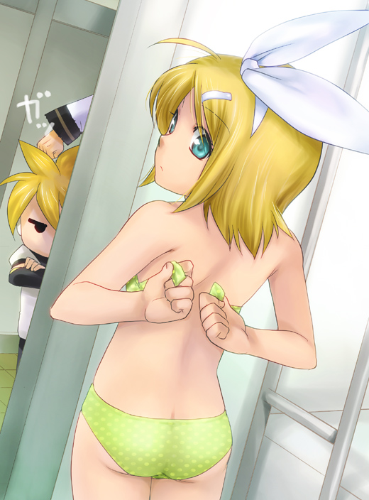 ten (artist), ten (kisako), kagamine len, kagamine rin, vocaloid, 1boy, 1girl, adjusting bra, adjusting clothes, ass, back, blonde hair, bra, brother and sister, butt crack, dressing, green eyes, lingerie, looking back, open bra, panties, siblings, twins, underwear, underwear only, undressing