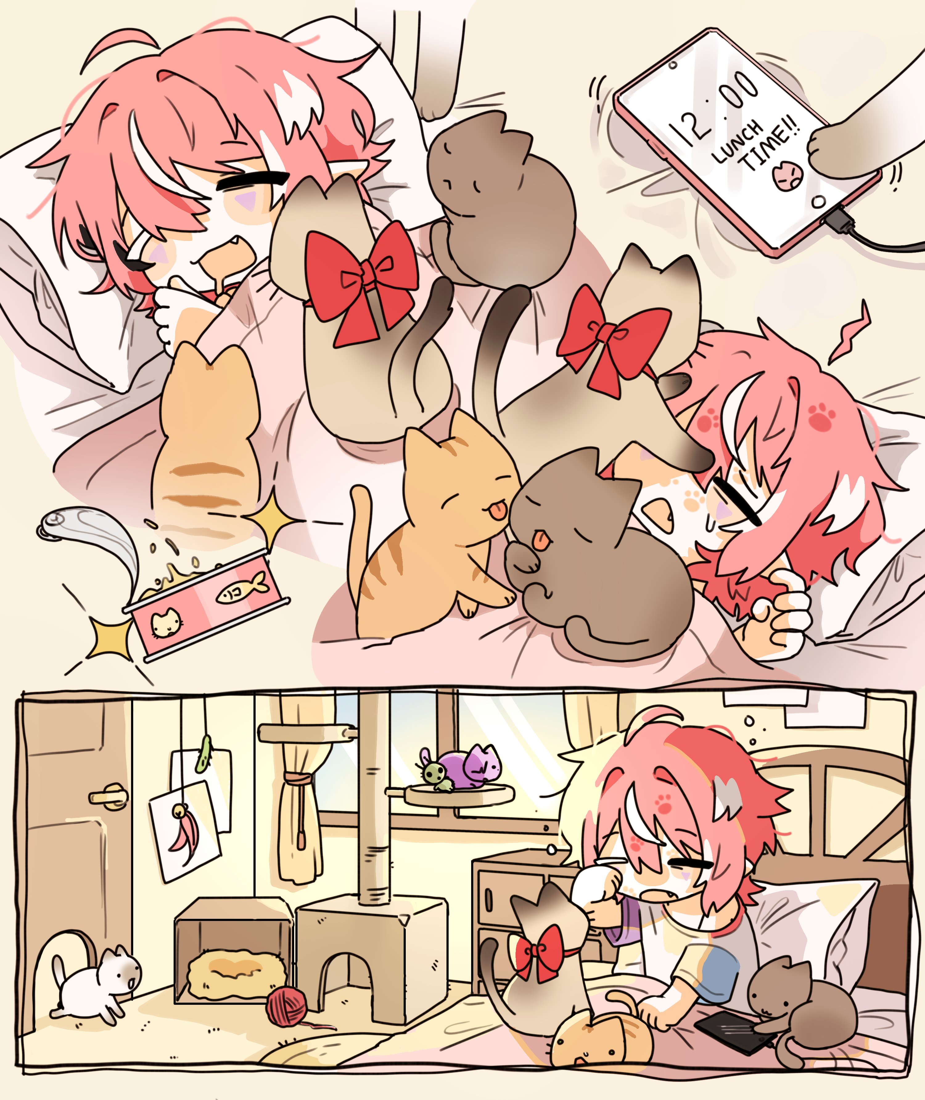 owo uou, camila (vtuber), indie virtual youtuber, absurdres, commentary, english commentary, highres, 1girl, bed, bow, cat, cat teaser, closed eyes, curtains, day, drooling, hair between eyes, indoors, long hair, mouth drool, multicolored hair, multiple cats, on bed, open mouth, phone, pink hair, red bow, scratching post, shirt, short sleeves, solo, streaked hair, virtual youtuber, waking up, white hair, white shirt, window