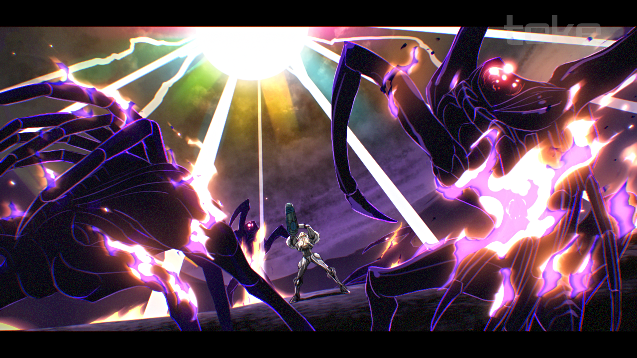 teke, ing (metroid), samus aran, metroid, metroid prime 2: echoes, nintendo, commentary, 1girl, 3others, aiming up, alien, arm cannon, armor, burning, energy ball, energy beam, legs apart, letterboxed, light suit (metroid), multiple others, power suit (metroid), science fiction, shoulder armor, weapon