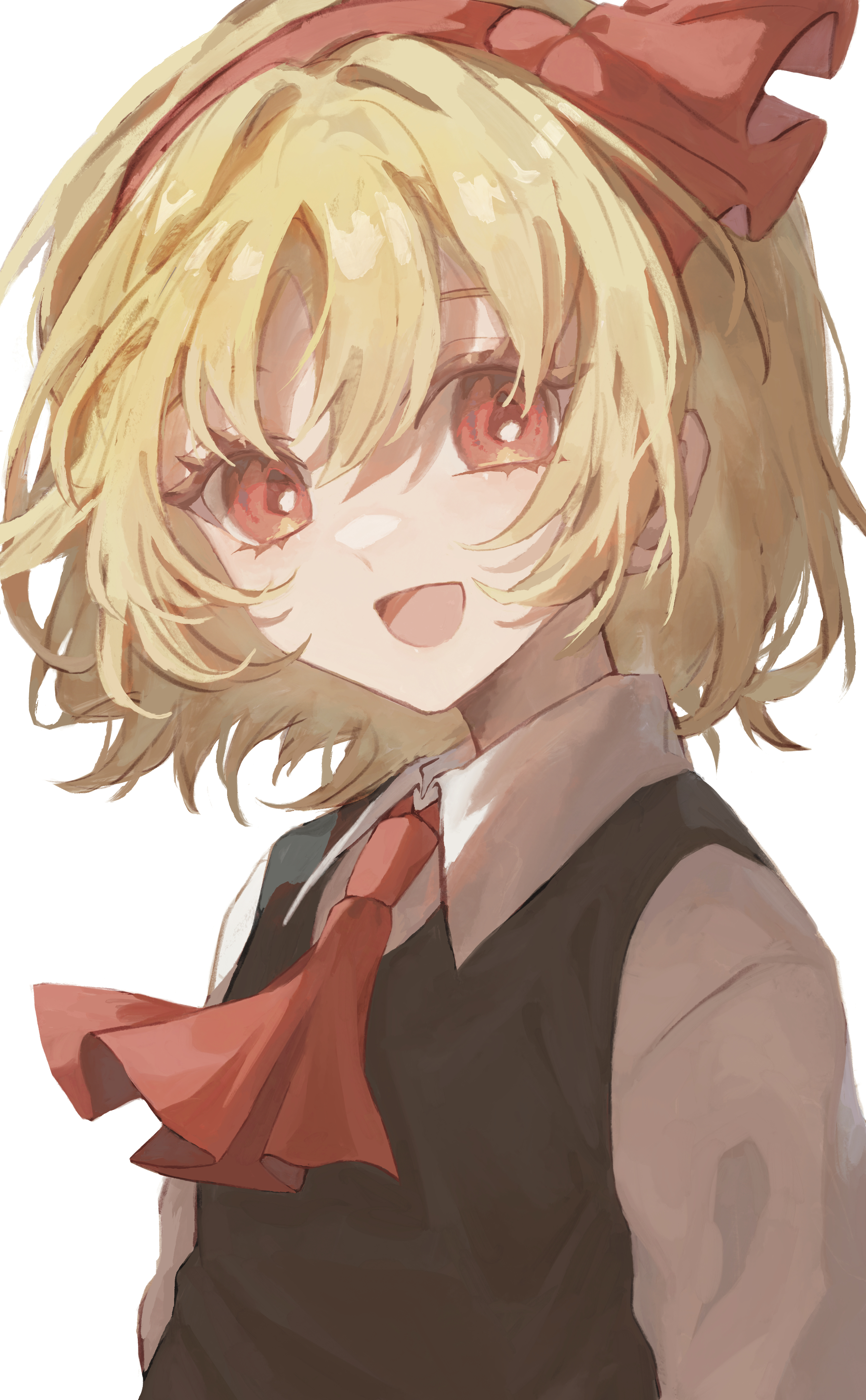 riri hashi, rumia, touhou, absurdres, commentary request, highres, 1girl, ascot, black vest, blonde hair, collared shirt, eyelashes, hair between eyes, hair intakes, hairband, long sleeves, open mouth, red ascot, red eyes, red hairband, shirt, short hair, simple background, smile, solo, vest, white background, white shirt