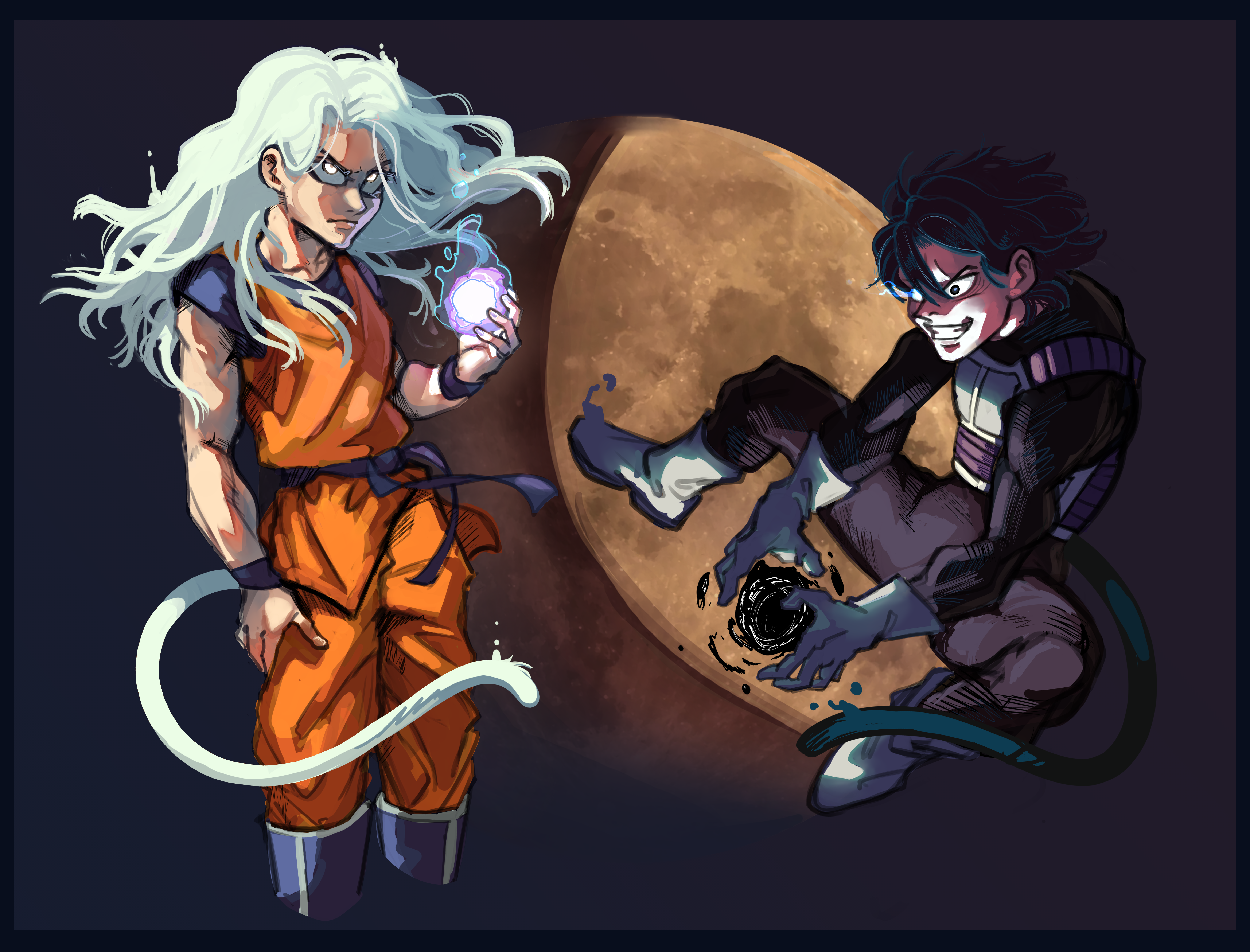 nephis (shadow slave), son goku, sunny (shadow slave), dragon ball, absurdres, character request, highres, 1boy, 1girl, black border, black hair, boots, border, cosplay, evil grin, evil smile, floating, floating hair, friday72, glowing, glowing eyes, grin, knees up, long hair, monkey tail, orange tunic, orb, smile, son goku (cosplay), standing, tail, tunic, underlighting, white hair