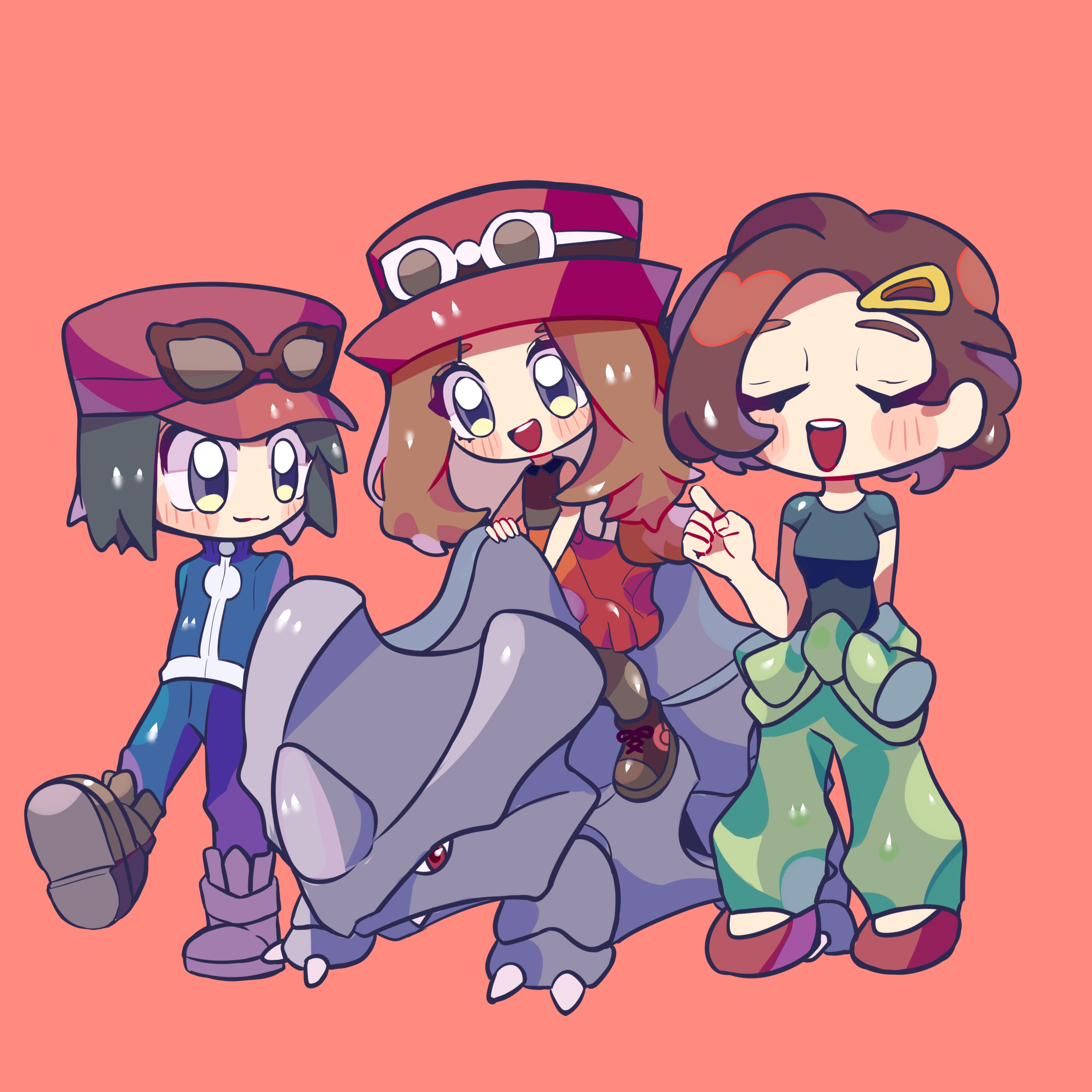 user vrme3225, calem (pokemon), grace (pokemon), rhyhorn, serena (pokemon), nintendo, pokemon, pokemon xy, commentary, english commentary, highres, 1boy, 2girls, :3, black hair, black shirt, blue jacket, blue pants, blush, blush stickers, boots, breasts, brown-framed eyewear, brown boots, brown hair, brown shoes, closed eyes, closed mouth, clothes around waist, deformed, eyelashes, eyewear on headwear, fingernails, gen 1 pokemon, green pants, grey eyes, grey pantyhose, grey shirt, hair ornament, hairclip, hat, index finger raised, jacket, long hair, mother and daughter, mother and son, multiple girls, open mouth, pants, pantyhose, pokemon (creature), red background, red hat, red shoes, red skirt, riding, riding pokemon, shirt, shoelaces, shoes, short hair, short sleeves, simple background, skirt, sleeveless, sleeveless shirt, smile, split mouth, standing, teeth, upper teeth only, walking, white-framed eyewear