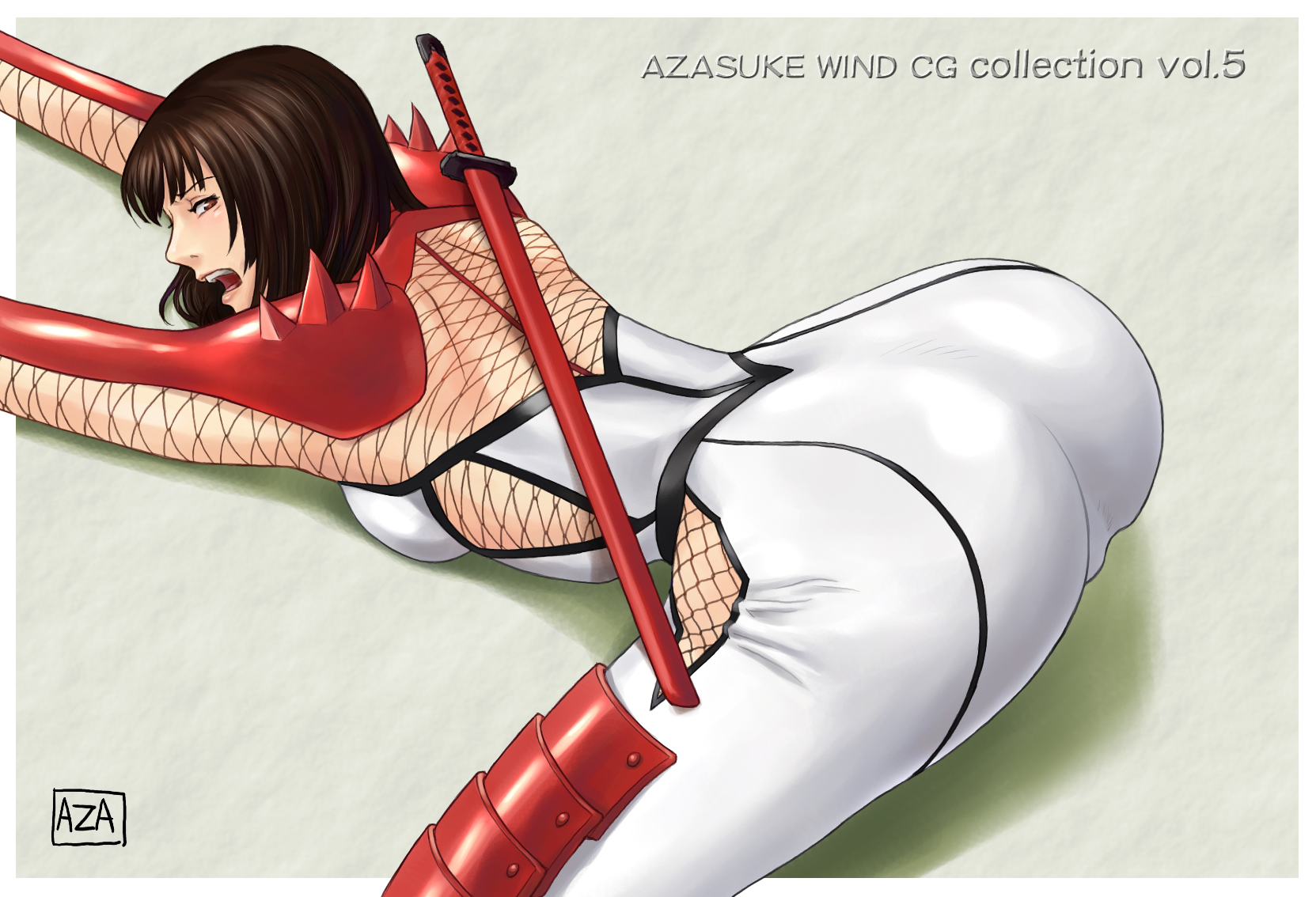 azasuke, hibana, kunoichi (game), sega, shinobi (game), highres, armor, ass, bodysuit, katana, looking back, ninja, sheath, sheathed, skin tight, spandex, sword, weapon