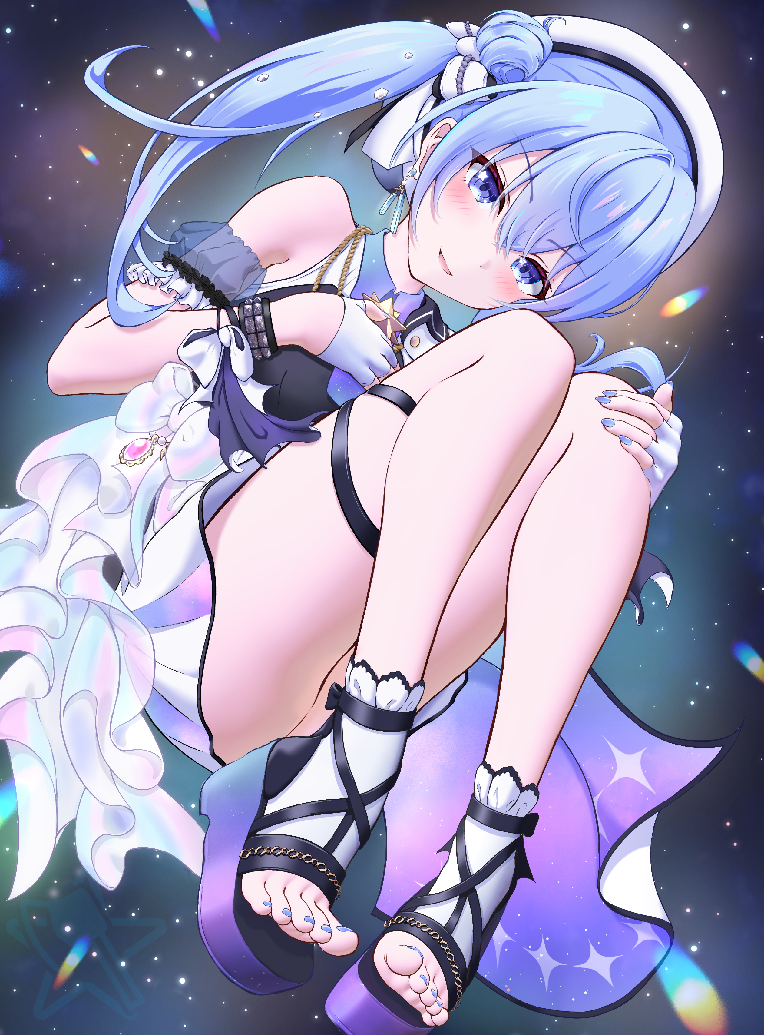 soware, hoshimachi suisei, hololive, toeless socks, absurdres, commentary request, highres, 1girl, bare shoulders, beret, blue eyes, blue nails, convenient leg, crossed bangs, dress, earrings, feet, fingerless gloves, frills, full body, gloves, hair between eyes, hand on own knee, hat, jewelry, knees up, looking at viewer, nail polish, official alternate costume, one side up, platform sandals, pleated dress, sandals, short dress, sidelocks, sleeveless, sleeveless dress, socks, solo, star (sky), star (symbol), star in eye, starry sky background, symbol in eye, thigh strap, toenail polish, toenails, toes, virtual youtuber, white dress, white gloves, white hat, white socks