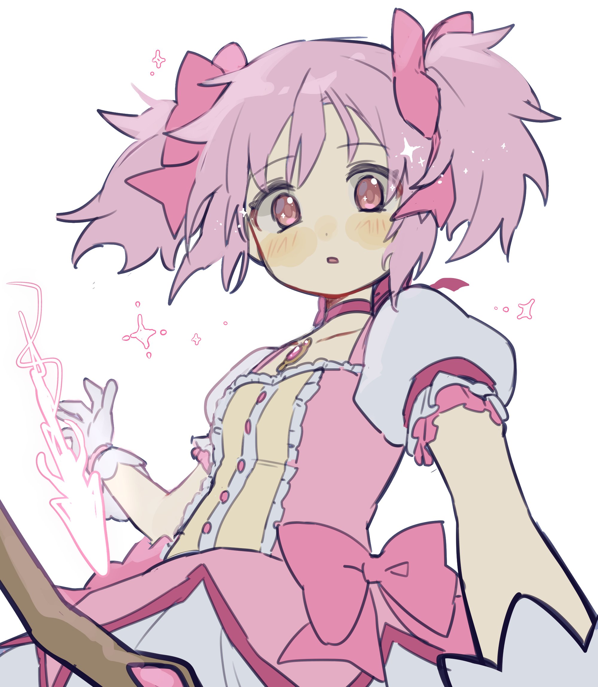 tokage (pr), kaname madoka, kaname madoka (magical girl), mahou shoujo madoka magica, mahou shoujo madoka magica (anime), commentary, highres, 1girl, arrow (projectile), blush, bow, choker, collarbone, dress, eyes visible through hair, gloves, hair bow, hand up, looking at viewer, parted lips, pink bow, pink dress, pink hair, puffy short sleeves, puffy sleeves, red choker, red eyes, short hair, short sleeves, simple background, solo, soul gem, sparkle, tareme, white background, white gloves