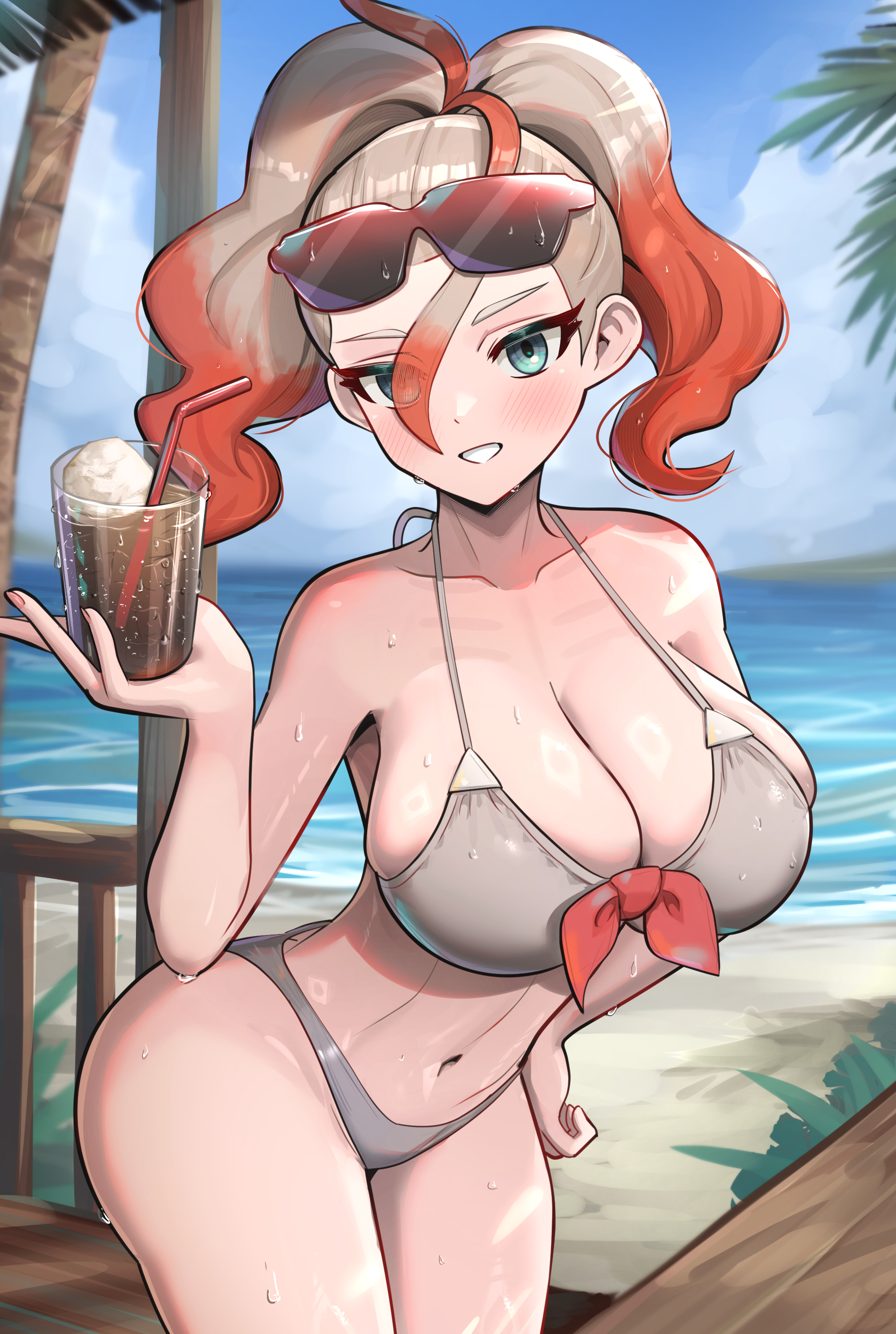 gonzarez, griselle (pokemon), nintendo, pokemon, pokemon legends: z-a, absurdres, commentary request, highres, 1girl, bare shoulders, beach, bikini, blue eyes, blue sky, blush, breasts, cleavage, collarbone, cup, eyewear on head, glasses, gradient hair, grey bikini, hair pulled back, holding, holding cup, large breasts, looking at viewer, multicolored hair, navel, ocean, open mouth, orange hair, outdoors, palm tree, ponytail, red hair, sky, smile, stomach, sunglasses, sweat, swimsuit, tree, two-tone hair, water, wet, white hair