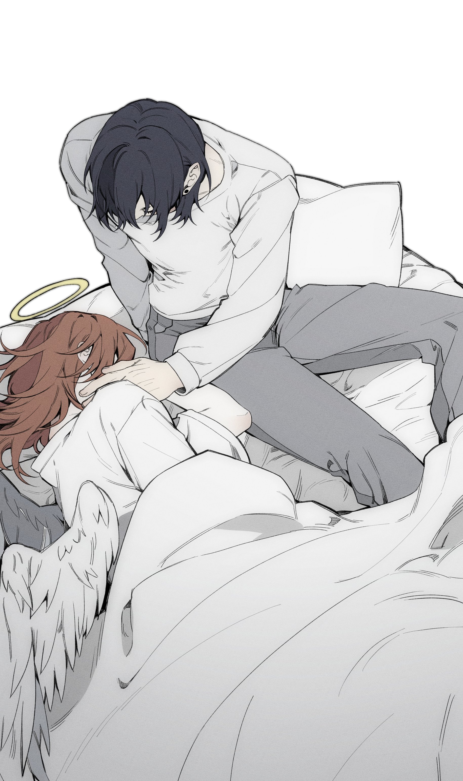 angel devil (chainsaw man), hayakawa aki, chainsaw man, absurdres, commentary request, highres, 2boys, angel wings, bed sheet, black hair, brown hair, e96l2, earrings, feathered wings, grey pants, hair over one eye, halo, hand on another's neck, jewelry, looking at another, male focus, multiple boys, pants, pillow, shirt, under covers, white background, white shirt, white wings, wings, yaoi