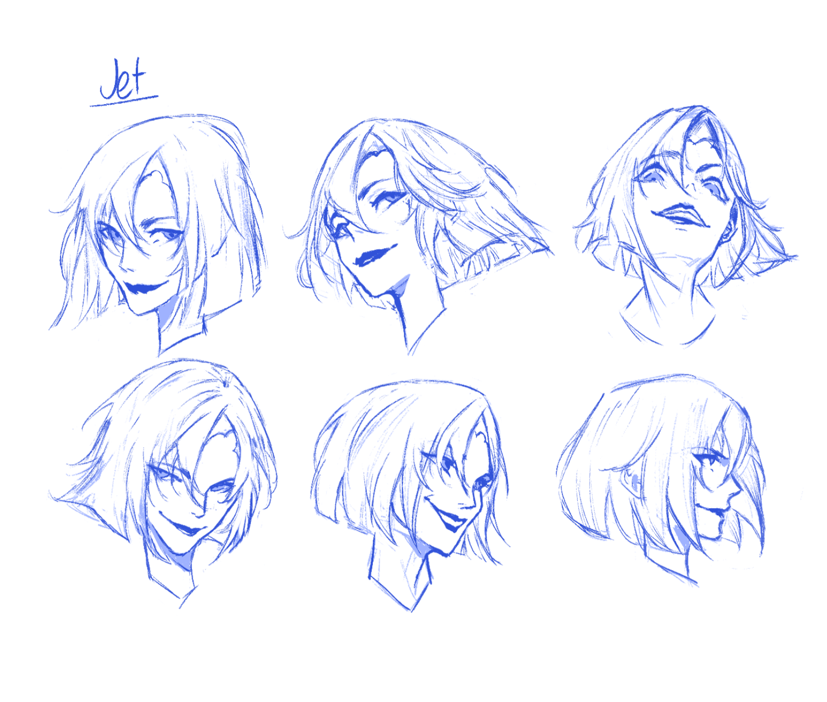 ellieaedon, jet (shadow slave), shadow slave, commentary, english commentary, highres, 1girl, :d, bob cut, character name, grin, looking at viewer, multiple expressions, multiple views, open mouth, portrait, short hair, smile
