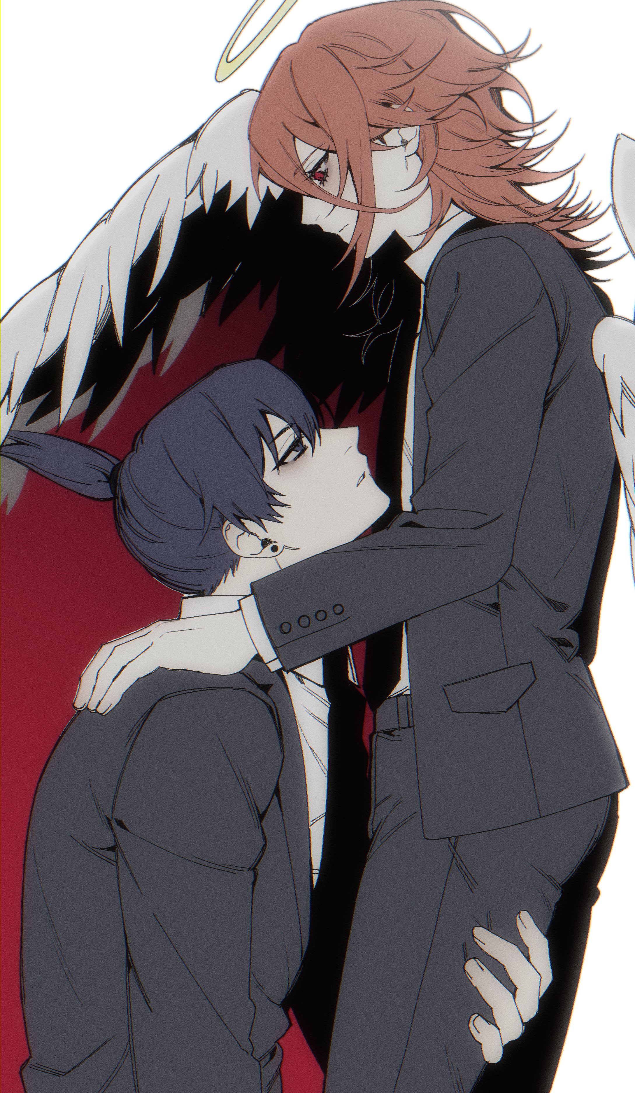 angel devil (chainsaw man), hayakawa aki, chainsaw man, absurdres, commentary request, highres, korean commentary, 2boys, angel wings, black hair, black jacket, black necktie, black pants, black suit, collared shirt, e96l2, earrings, formal clothes, hair between eyes, halo, hand on another's shoulder, jacket, jewelry, long hair, male focus, medium hair, multiple boys, necktie, pants, ponytail, red background, red eyes, shirt, short ponytail, suit, suit jacket, upper body, white background, white shirt, white wings, wings, yaoi