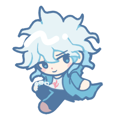 komaeda nagito, danganronpa (series), danganronpa 2: goodbye despair, commentary, english commentary, lowres, 1boy, black pants, catp0sse, chibi, chibi only, full body, green jacket, jacket, long sleeves, male focus, open clothes, open jacket, pants, simple background, solo, white background, white hair
