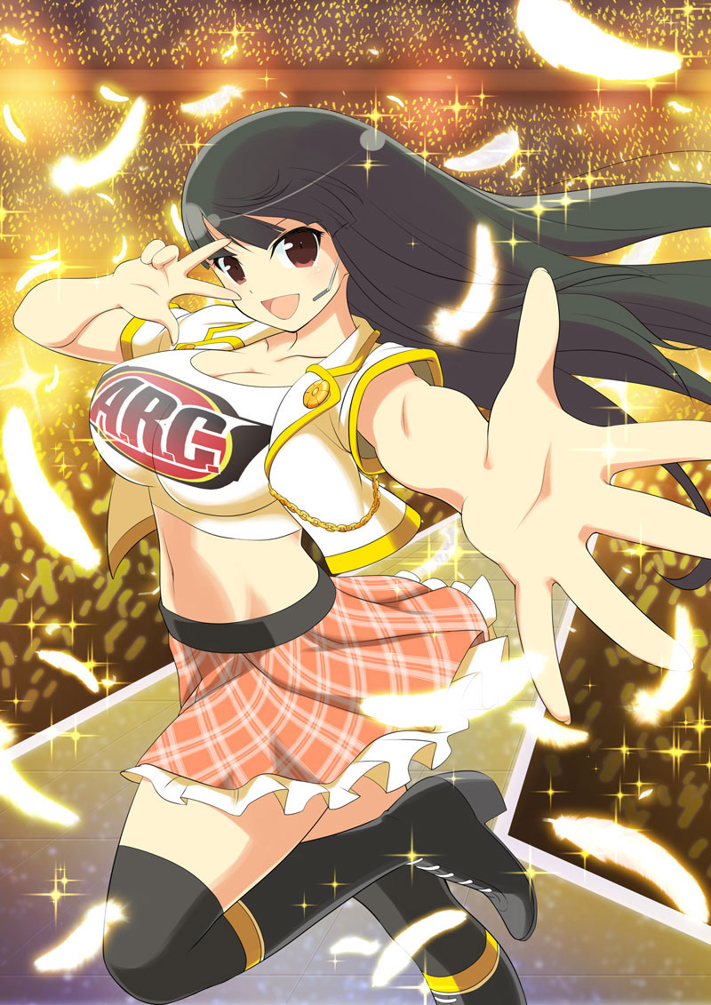 tsubaki (senran kagura), senran kagura, senran kagura new wave, official art, 1girl, :d, audience, black boots, black hair, black thighhighs, boots, border, breasts, cleavage, concert, crop top, cropped jacket, crowd, english text, feathers, frilled skirt, frills, glowstick, headset, high heel boots, high heels, hime cut, idol, jacket, large breasts, linea alba, long hair, looking at viewer, microphone, music, navel, official alternate costume, open mouth, orange skirt, outstretched arm, penlight (glowstick), plaid clothes, plaid skirt, red eyes, shirt, singing, skirt, smile, solo, sparkle, stage, standing, standing on one leg, thighhighs, v, v over eye, w, white jacket, white shirt