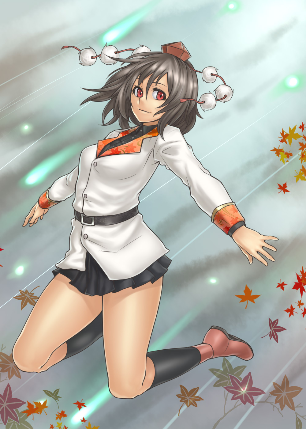 houtengeki, shameimaru aya, touhou, highres, 1girl, adapted costume, black hair, female focus, hat, leaf, looking at viewer, maple leaf, red eyes, smile, solo