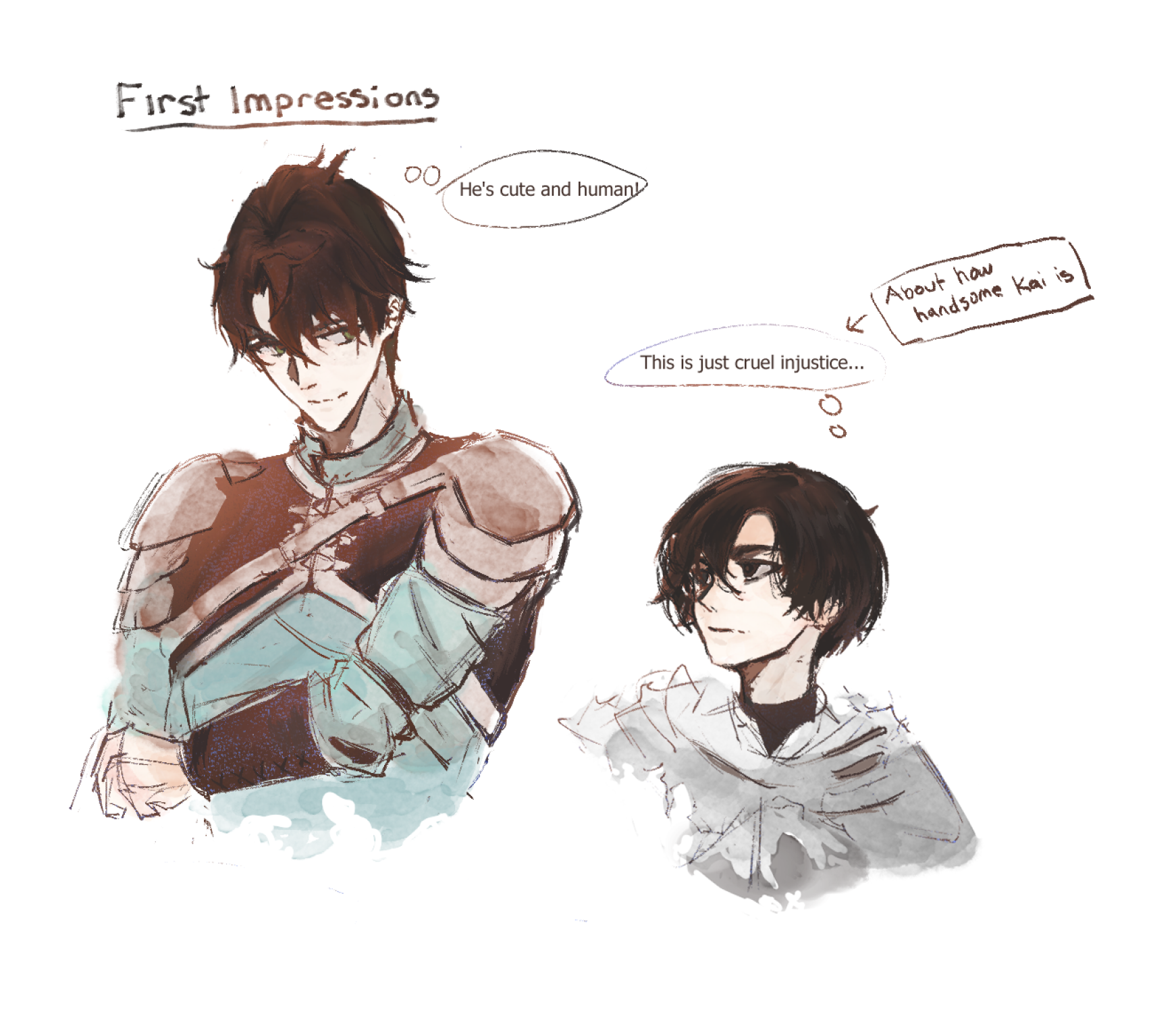 ellieaedon, kai (shadow slave), sunny (shadow slave), shadow slave, commentary, english commentary, highres, 2boys, :/, armor, black eyes, black hair, cloak, curtained hair, english text, height difference, hood, hood down, hooded cloak, looking at another, male focus, multiple boys, short hair, shoulder pads, smile, source quote, speech bubble, thought bubble