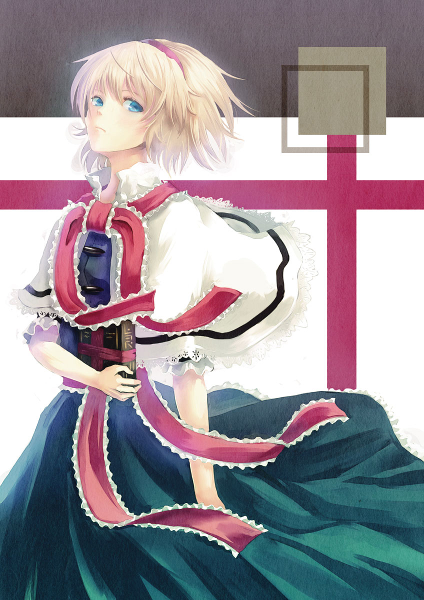hyuuga azuri, alice margatroid, touhou, highres, 1girl, blonde hair, blue eyes, book, dress, female focus, solo