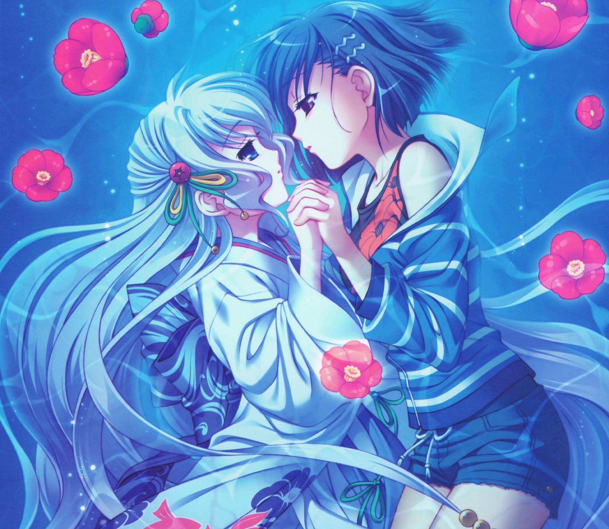 yasaka minato, nami (aoi shiro), osanai shouko, aoi shiro, silver hair, highres, official art, official wallpaper, 2girls, bare shoulders, blue eyes, blue hair, bow, camellia, eye contact, flower, hair bow, hair ornament, japanese clothes, kimono, looking at another, multiple girls, purple eyes, ribbon, short hair, shorts, underwater, water, yuri