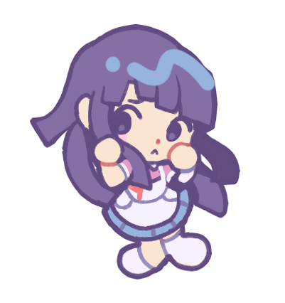 tsumiki mikan, danganronpa (series), danganronpa 2: goodbye despair, commentary, english commentary, lowres, 1girl, :<, apron, blue skirt, catp0sse, chibi, chibi only, closed mouth, full body, hands on own face, long hair, pink shirt, purple hair, shirt, shoes, simple background, skirt, solo, white apron, white background, white shoes