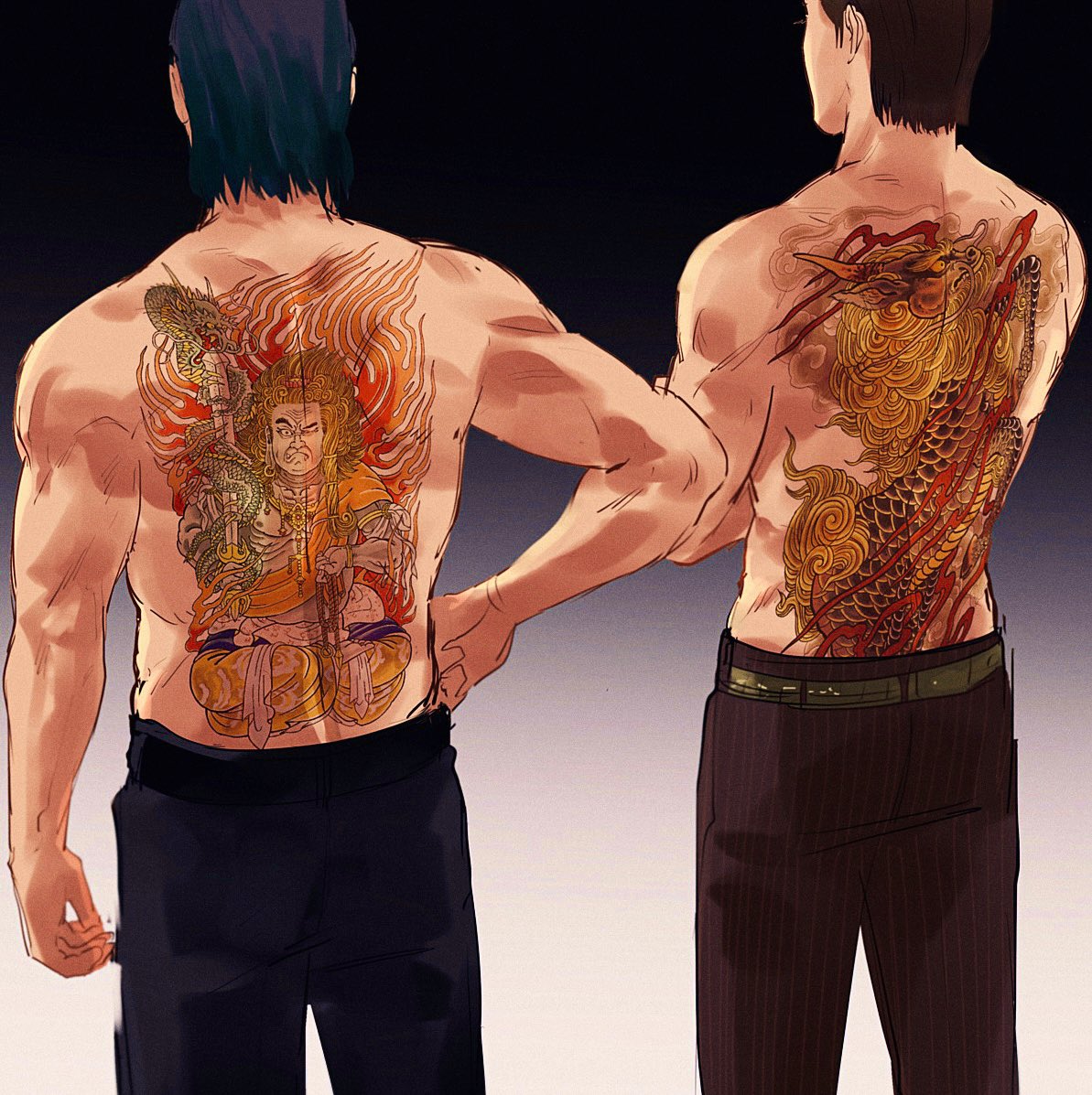 dojima daigo, mine yoshitaka, ryuu ga gotoku (series), ryuu ga gotoku 3, commentary request, 2boys, belt, black hair, black pants, brown hair, crossed arms, eyelashes, from behind, gold belt, irezumi, male focus, multiple boys, muscular, muscular male, pants, pinstripe pants, pinstripe pattern, qilin (mythology), suit pants, tattoo, topless male, tyag53