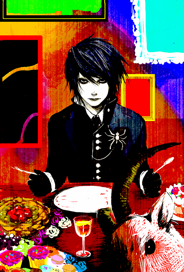 chiyo (rotsurechiriha), l (death note), death note, plastic tree, 00s, 1boy, arimura ryuutarou, black eyes, black hair, bug, cupcake, fork, j-rock, male focus, plate, solo, spider, spoon