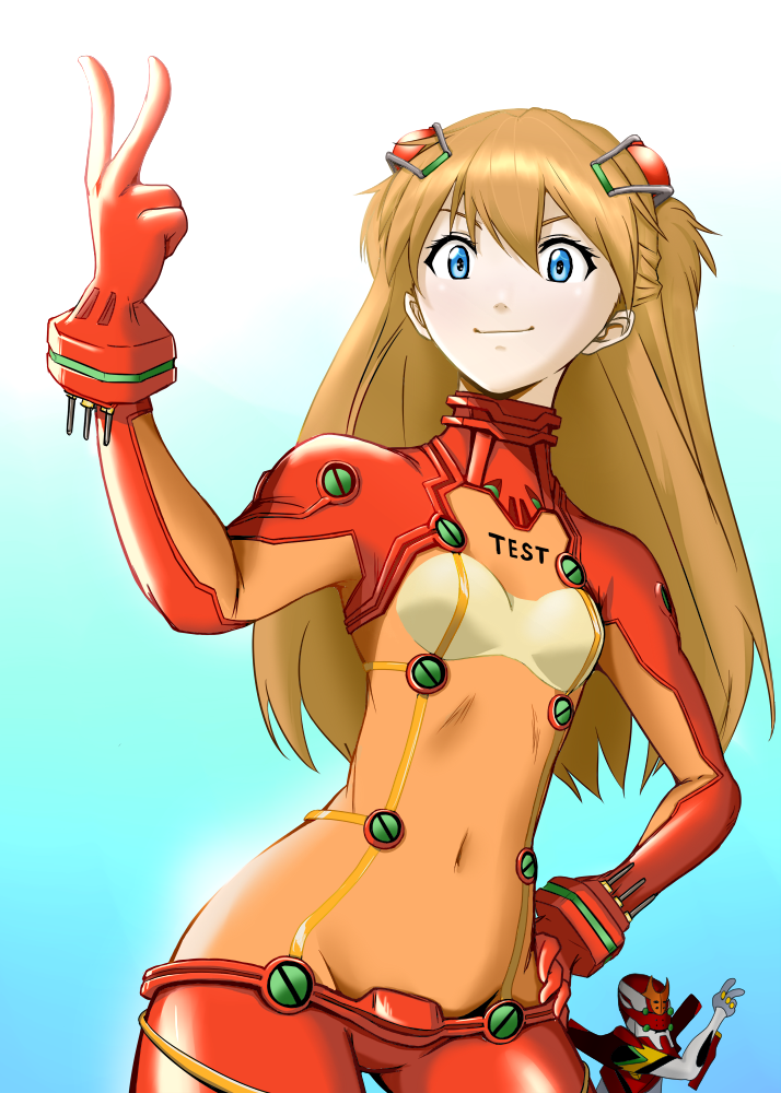 gohandesu yo, eva 02, souryuu asuka langley, neon genesis evangelion, rebuild of evangelion, bad id, bad pixiv id, 00s, 1girl, 1other, aqua background, blue eyes, bodysuit, bra, bracer, breasts, brown hair, chibi, clothes writing, contrapposto, covered navel, cowboy shot, female focus, gloves, gradient background, groin, hair between eyes, hair ornament, hairpods, hand on own hip, hand up, hip focus, interface headset (evangelion), light smile, long hair, looking at viewer, mecha, mecha pilot suit, no panties, plugsuit (evangelion), red bodysuit, robot, see-through bodysuit, see-through clothes, shiny clothes, skinny, small breasts, smile, solo, standing, test plugsuit (evangelion), turtleneck, two side up, underwear, v, very long hair, wide hips