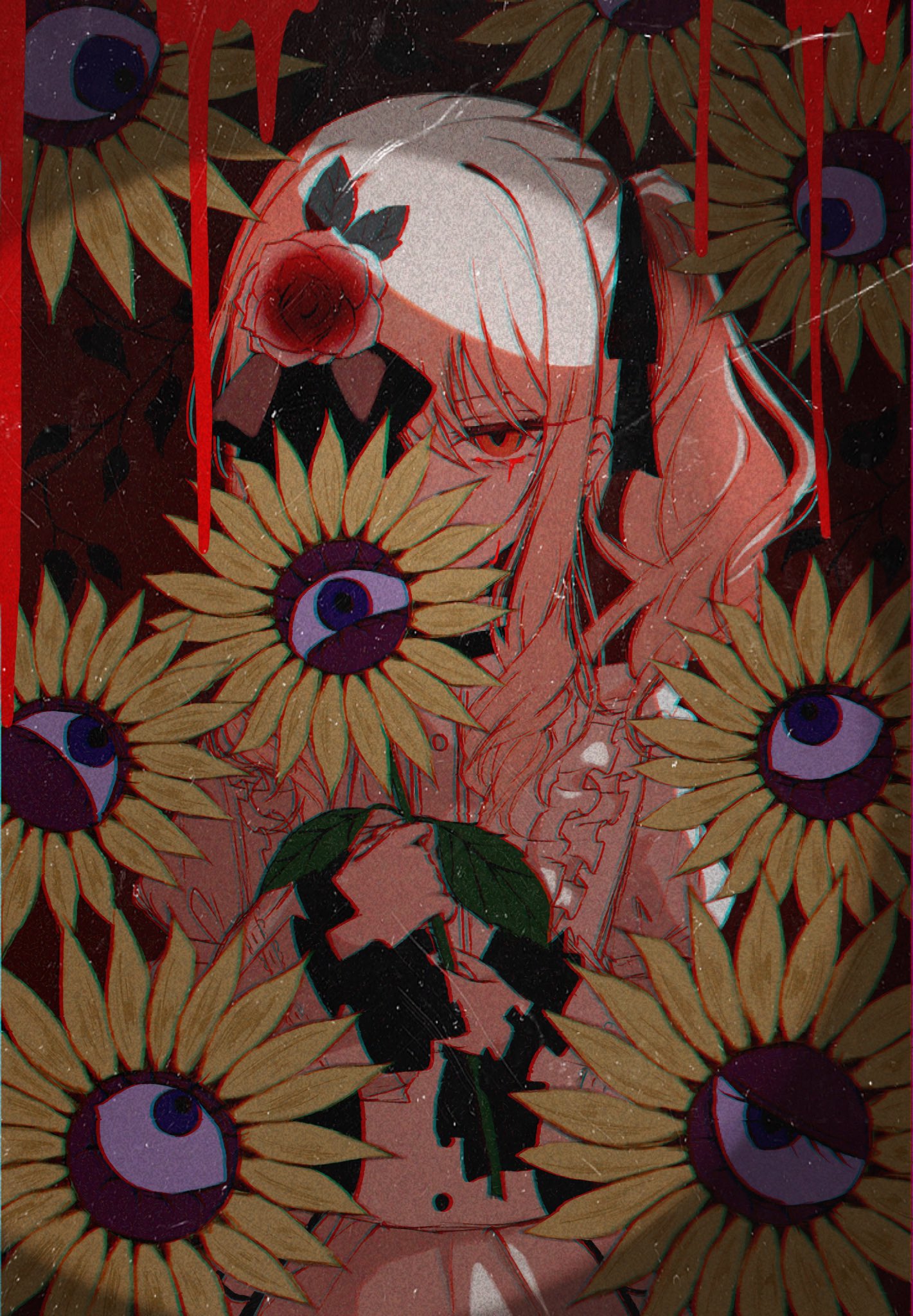 akiyama mizuki, project sekai, commentary request, highres, 1other, bake no hana (vocaloid), blood, bloody tears, dress, empty eyes, expressionless, flower, frills, hair ornament, holding, holding flower, keikyoku no machi wa doko e (project sekai), nlh 00, one eye covered, side ponytail, tears, tears from one eye, white dress