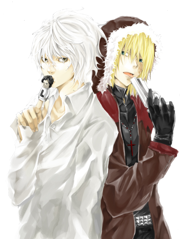 chiyo (rotsurechiriha), l (death note), mello (death note), near (death note), death note, 00s, 2boys, black eyes, blonde hair, finger puppet, gun, multiple boys, puppet, weapon, white hair